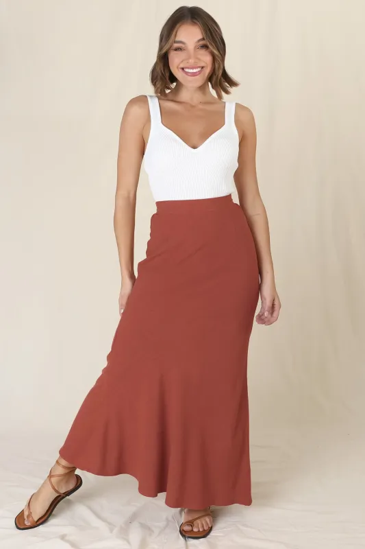 Lane Maxi Skirt - Linen Blend High Waisted Mermaid Silhouette Skirt in Rust sold by Salty Crush