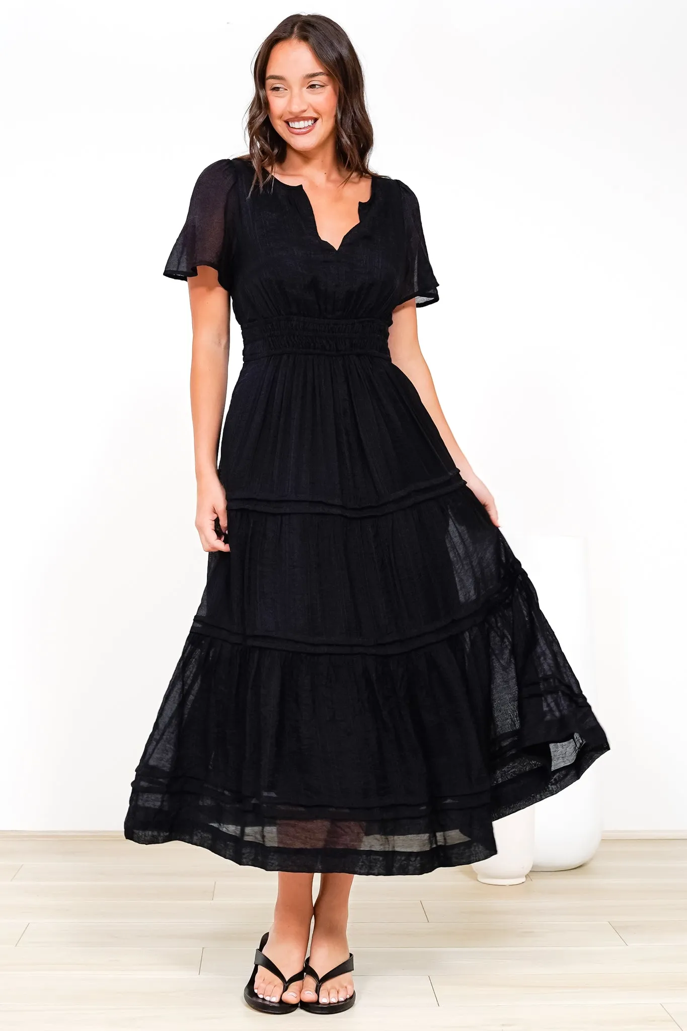 Payton Maxi Dress - Pleat Detailed A-Line Dress with Cap Flutter Sleeves in Black sold by Salty Crush product image thumbnail 3