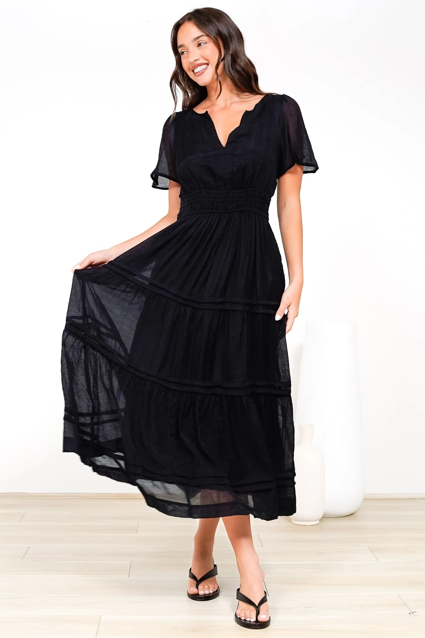 Payton Maxi Dress - Pleat Detailed A-Line Dress with Cap Flutter Sleeves in Black sold by Salty Crush product image thumbnail 2
