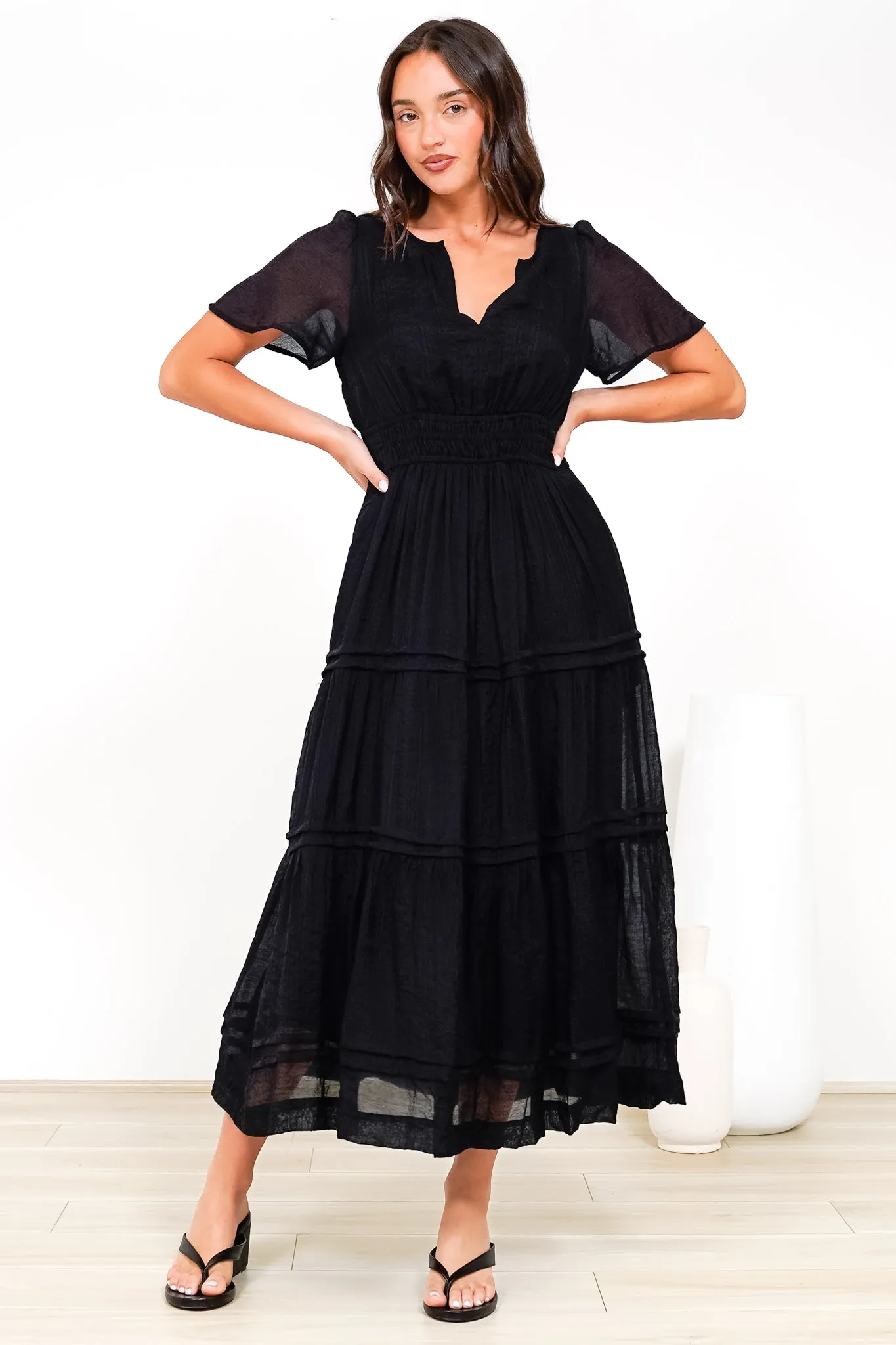 Payton Maxi Dress - Pleat Detailed A-Line Dress with Cap Flutter Sleeves in Black sold by Salty Crush product image thumbnail 4