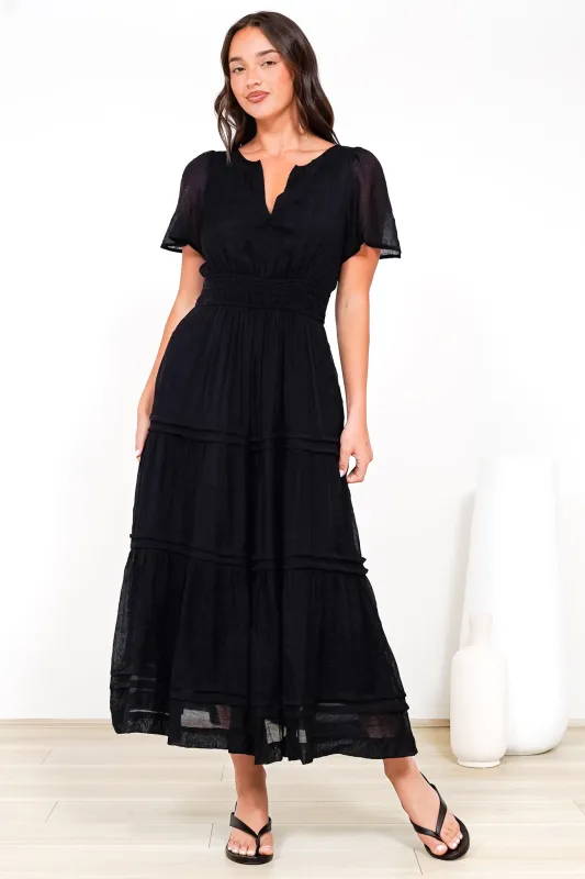 Payton Maxi Dress - Pleat Detailed A-Line Dress with Cap Flutter Sleeves in Black sold by Salty Crush