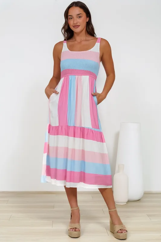 Helio Midi Dress - Elasticated Bodice Tiered Sun Dress in Abella Stripe Print Cotton Candy sold by Salty Crush