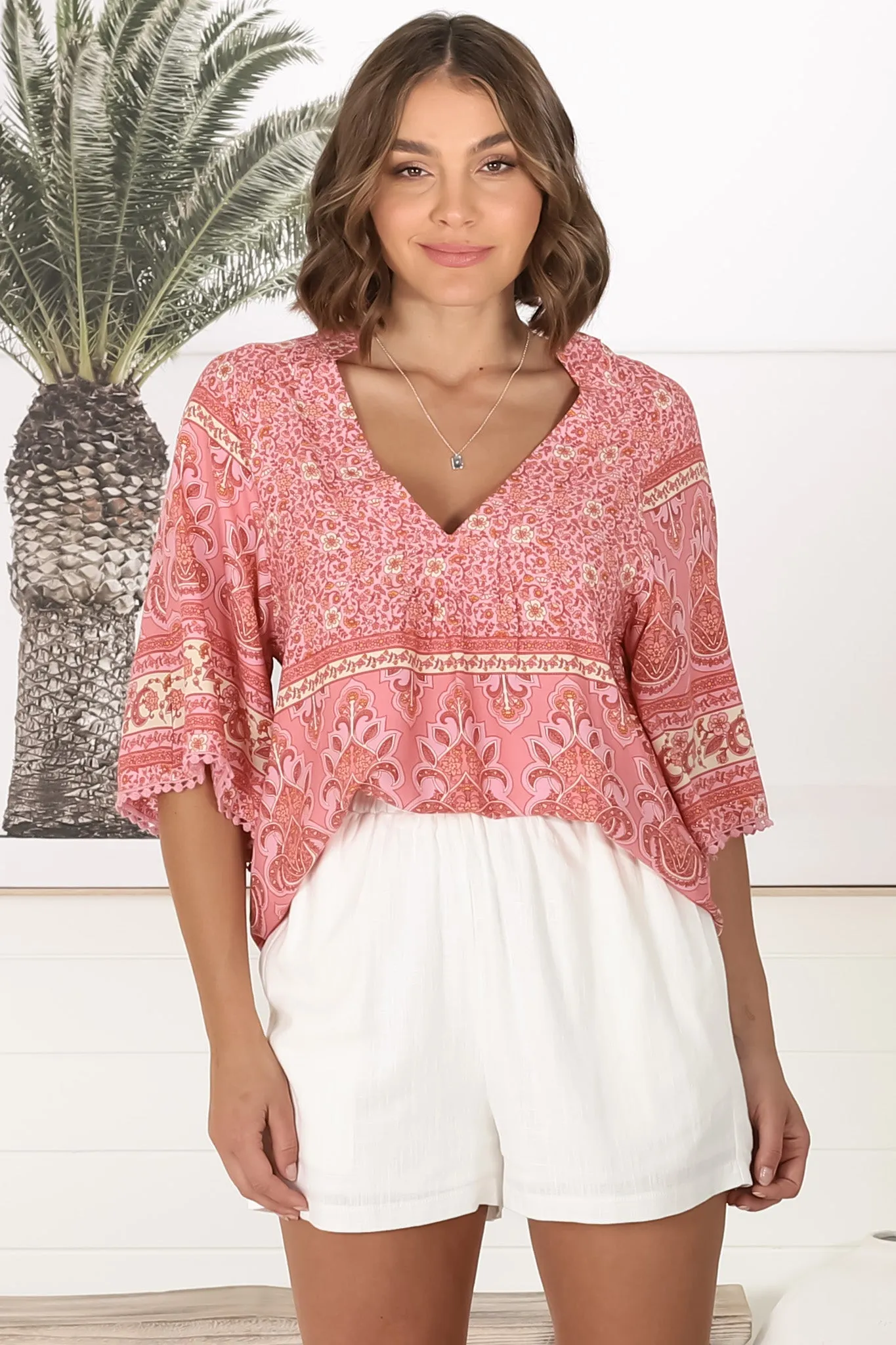 JAASE - Gabriella Top: Mandarin Collar Deep V Neck Crochet Trim Top in Strawberries and Cream Print sold by Salty Crush product image thumbnail 5