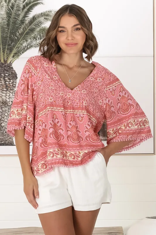 JAASE - Gabriella Top: Mandarin Collar Deep V Neck Crochet Trim Top in Strawberries and Cream Print sold by Salty Crush