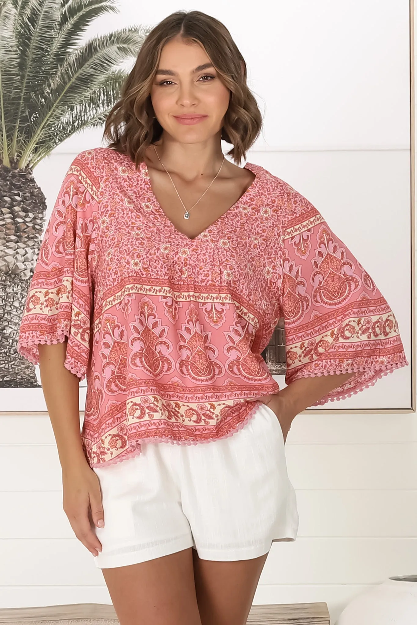 JAASE - Gabriella Top: Mandarin Collar Deep V Neck Crochet Trim Top in Strawberries and Cream Print sold by Salty Crush