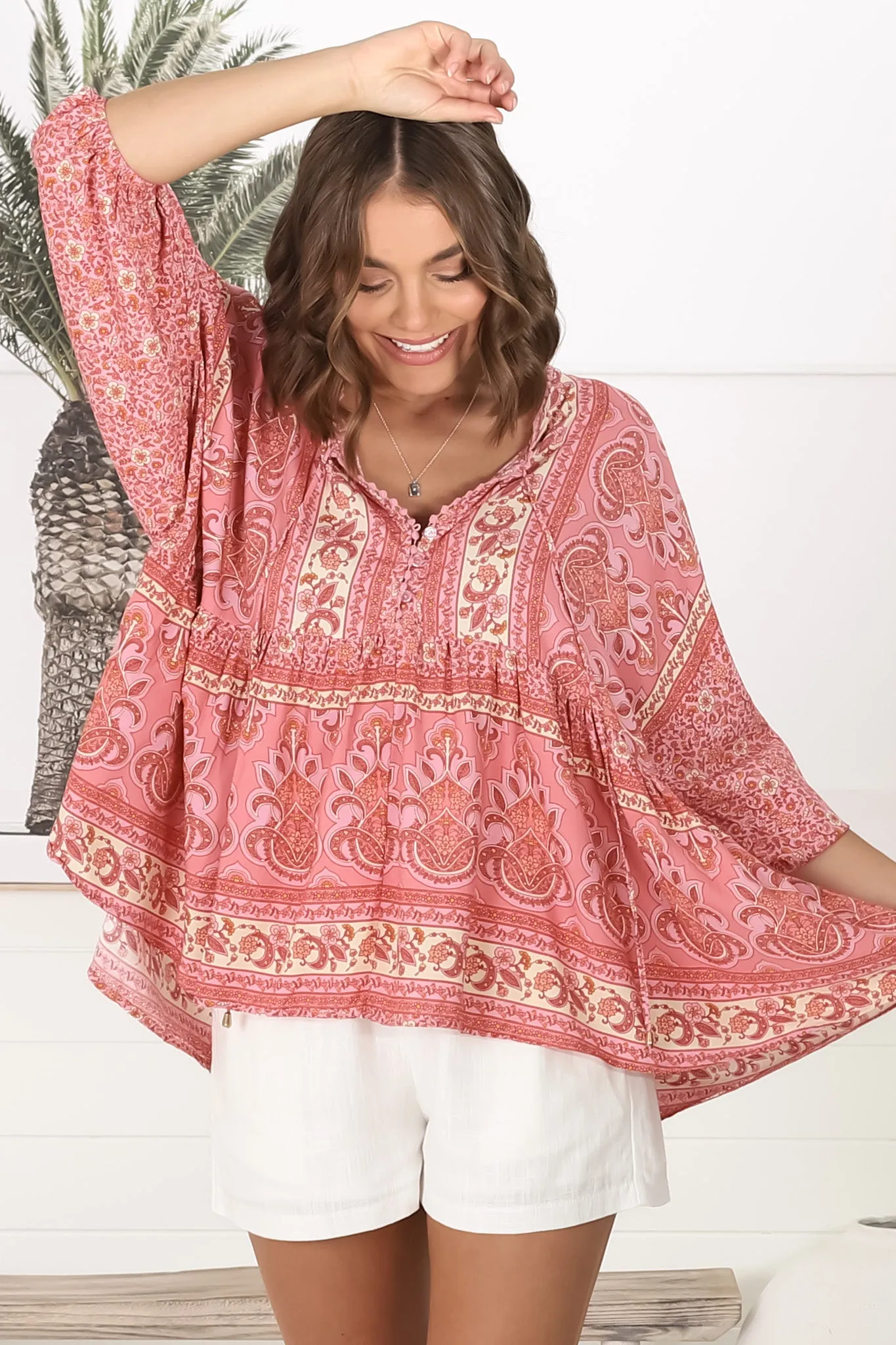 Chloe Top - Very Oversized Crochet Trim Neckline Smock Top in Strawberries and Cream Print sold by Salty Crush product image thumbnail 4