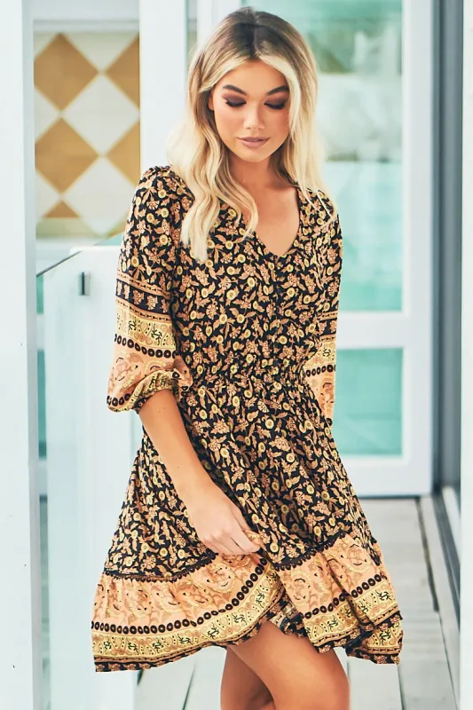 Celine Mini Dress - V Neck Elasticated Waist Circle Hemline Dress in Queen of the Night Print sold by Salty Crush