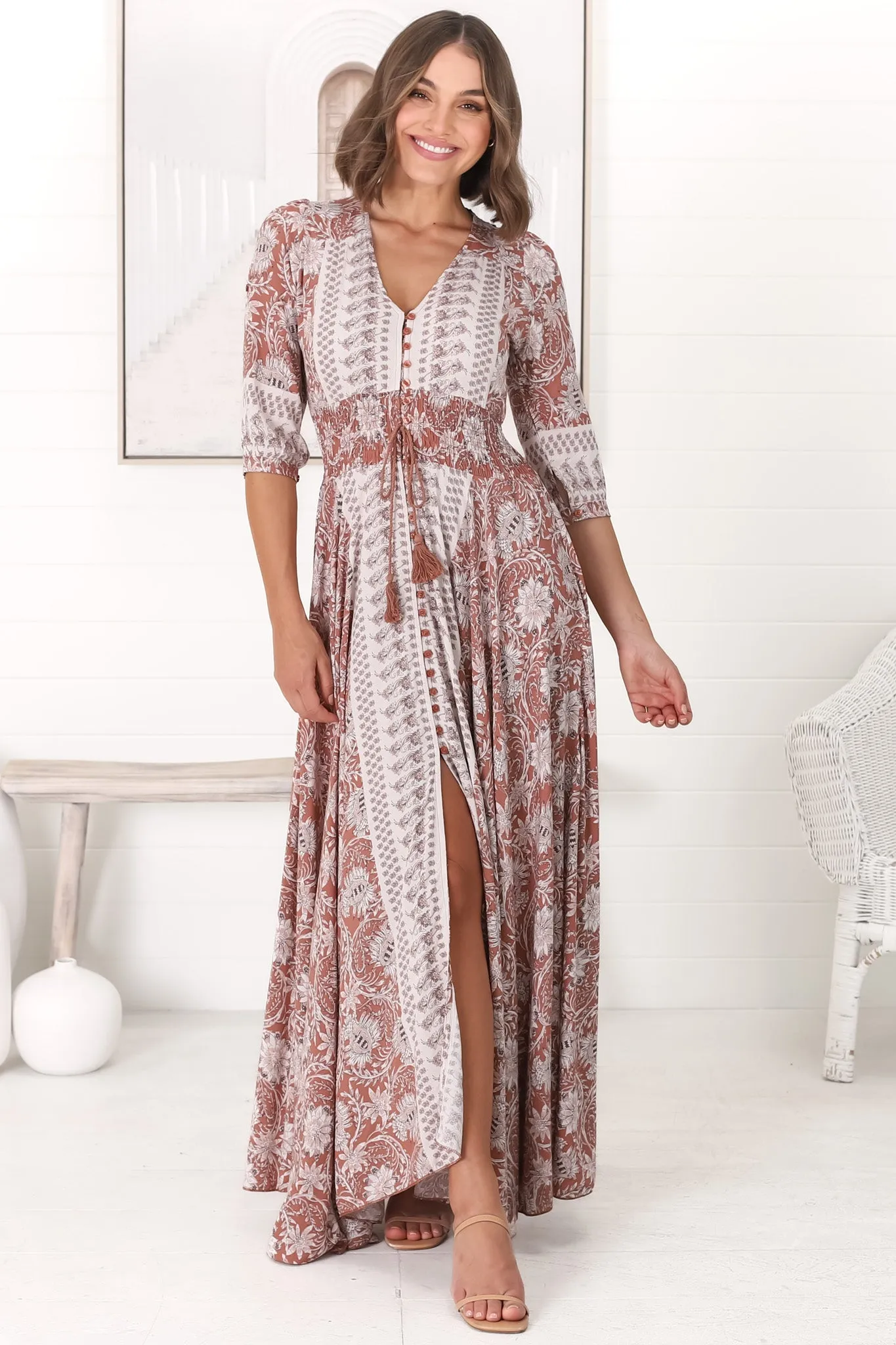 Indiana Maxi Dress - Lace Back Shirred Waist A Line Dress with Handkerchief Hemline in Indah Print sold by Salty Crush product image thumbnail 3