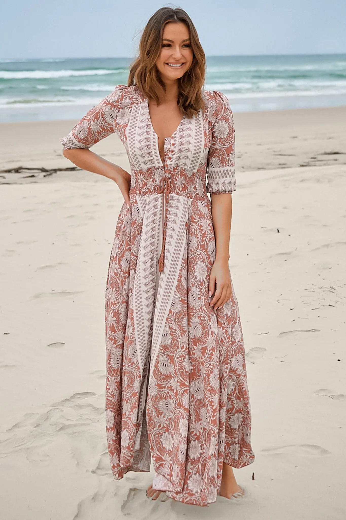 Indiana Maxi Dress - Lace Back Shirred Waist A Line Dress with Handkerchief Hemline in Indah Print sold by Salty Crush product image thumbnail 4