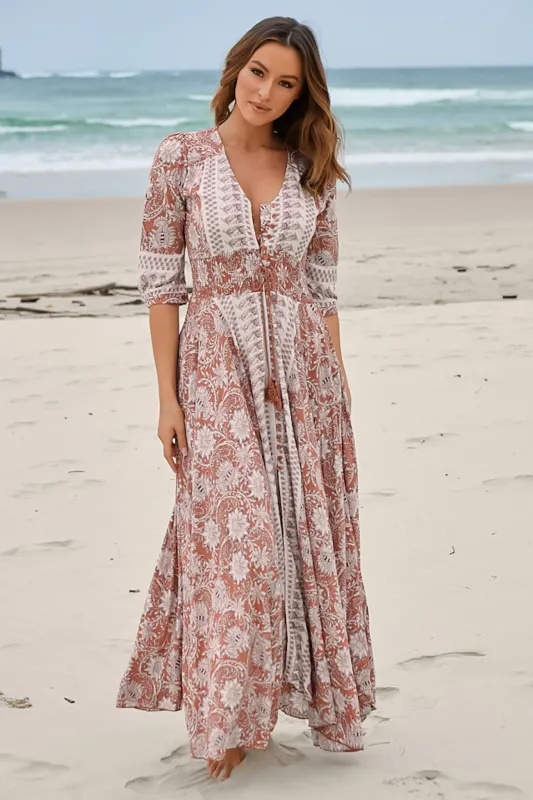 Indiana Maxi Dress - Lace Back Shirred Waist A Line Dress with Handkerchief Hemline in Indah Print made by Jaase