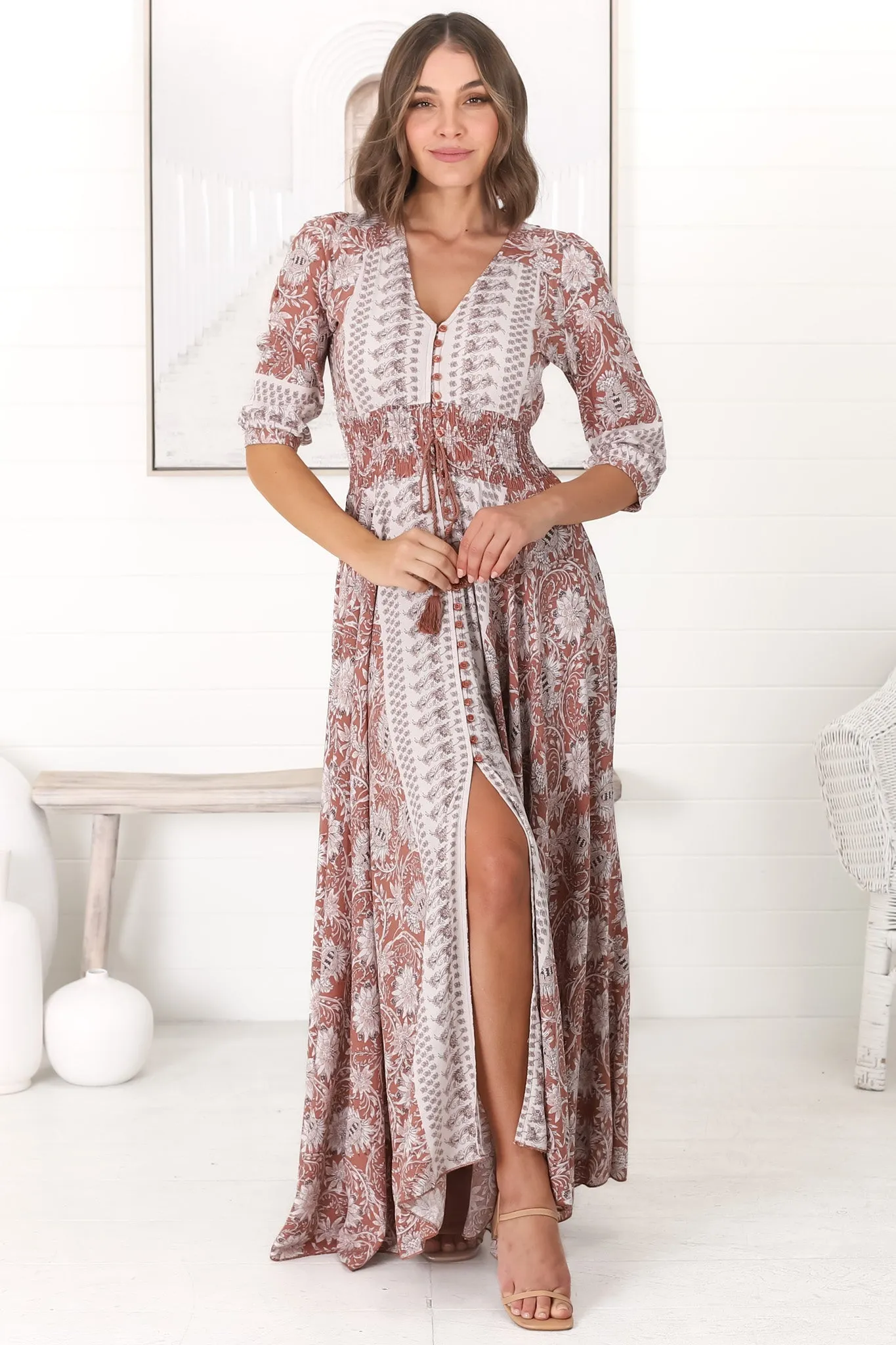 Indiana Maxi Dress - Lace Back Shirred Waist A Line Dress with Handkerchief Hemline in Indah Print sold by Salty Crush product image thumbnail 5