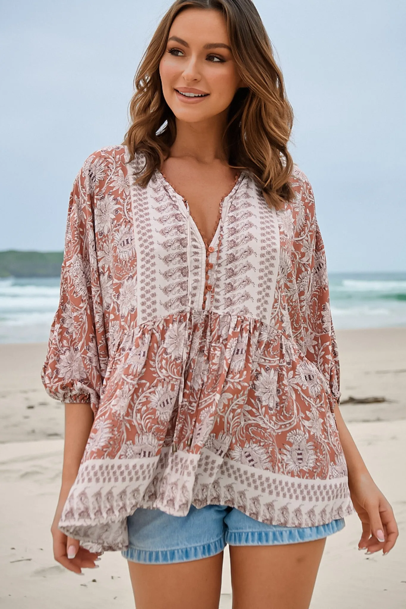 Chloe Top - Very Oversized Crochet Trim Neckline Smock Top in Indah Print sold by Salty Crush