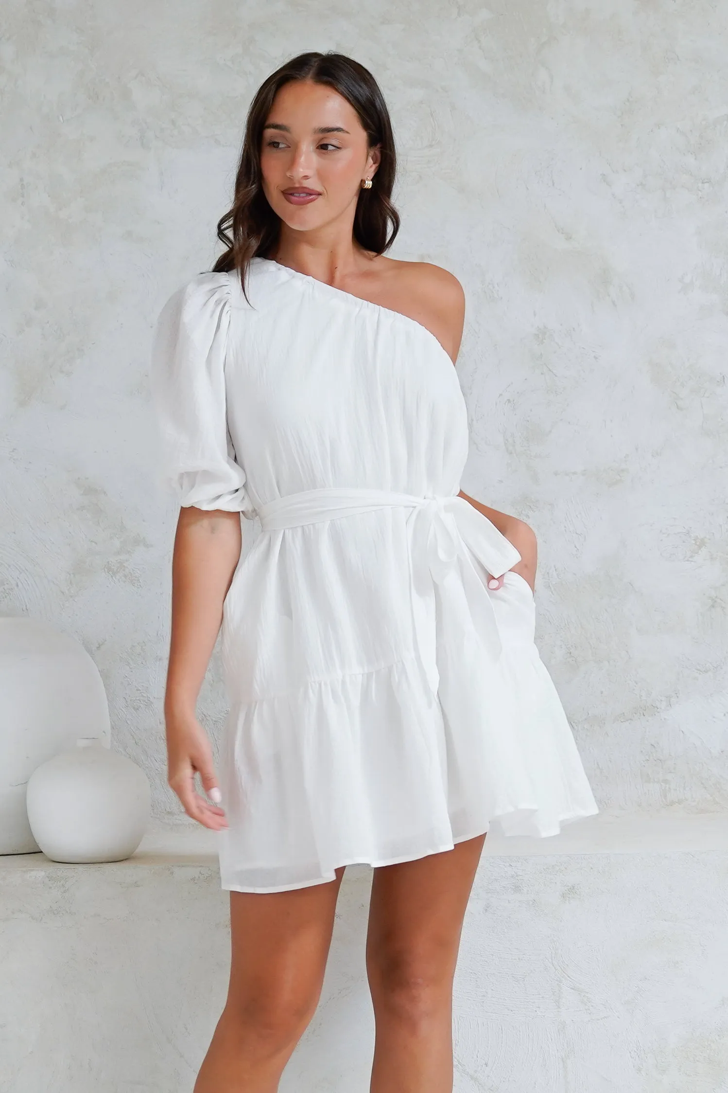 Aubrie Mini Dress - One Shoulder Puff Sleeve Dress with Belt in White sold by Salty Crush