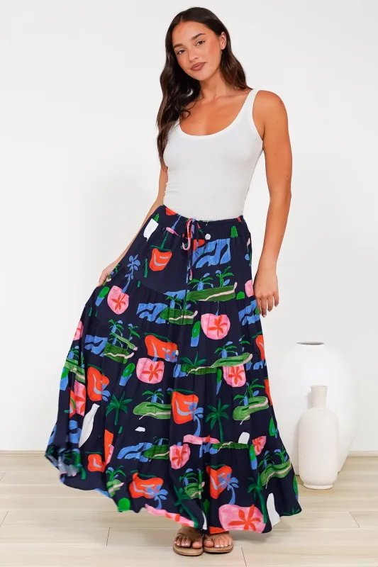 Heston Maxi Skirt - Mid Rise Tiered Maxi Skirt in Cruise Print Navy sold by Salty Crush