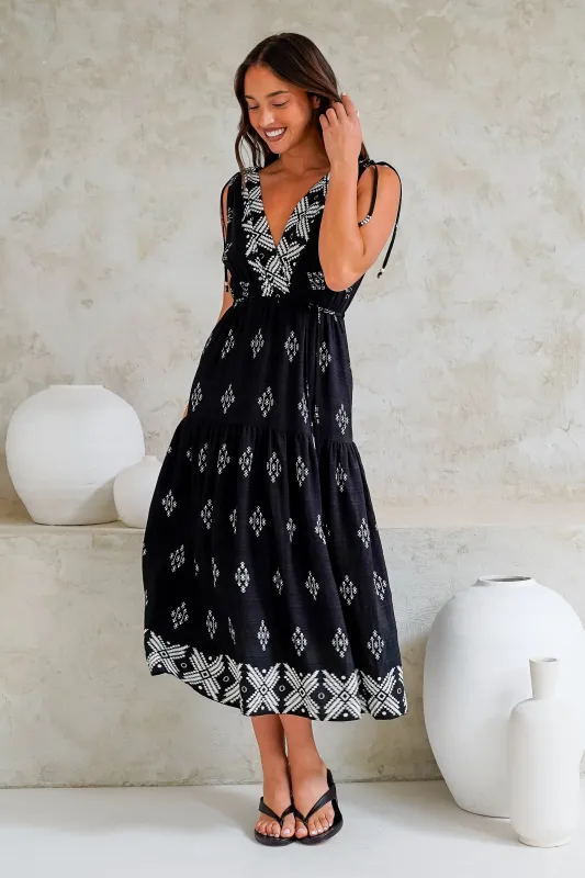 Laurina Midi Dress - Deep V-Neck A-Line Dress with Waist Tie in Fresca Print Black sold by Salty Crush