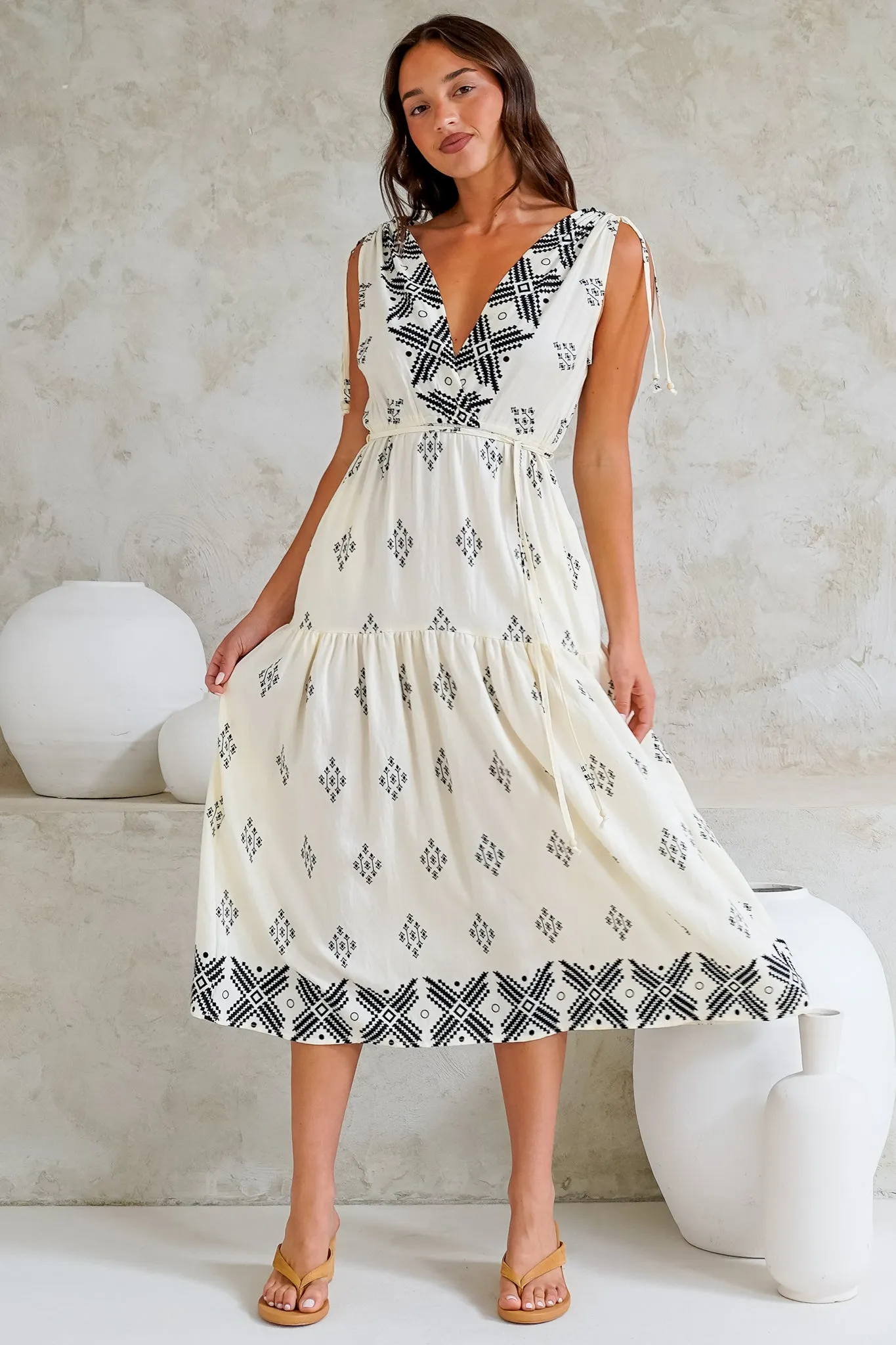 Laurina Midi Dress - Deep V-Neck A-Line Dress with Waist Tie in Fresca Print White sold by Salty Crush product image thumbnail 4