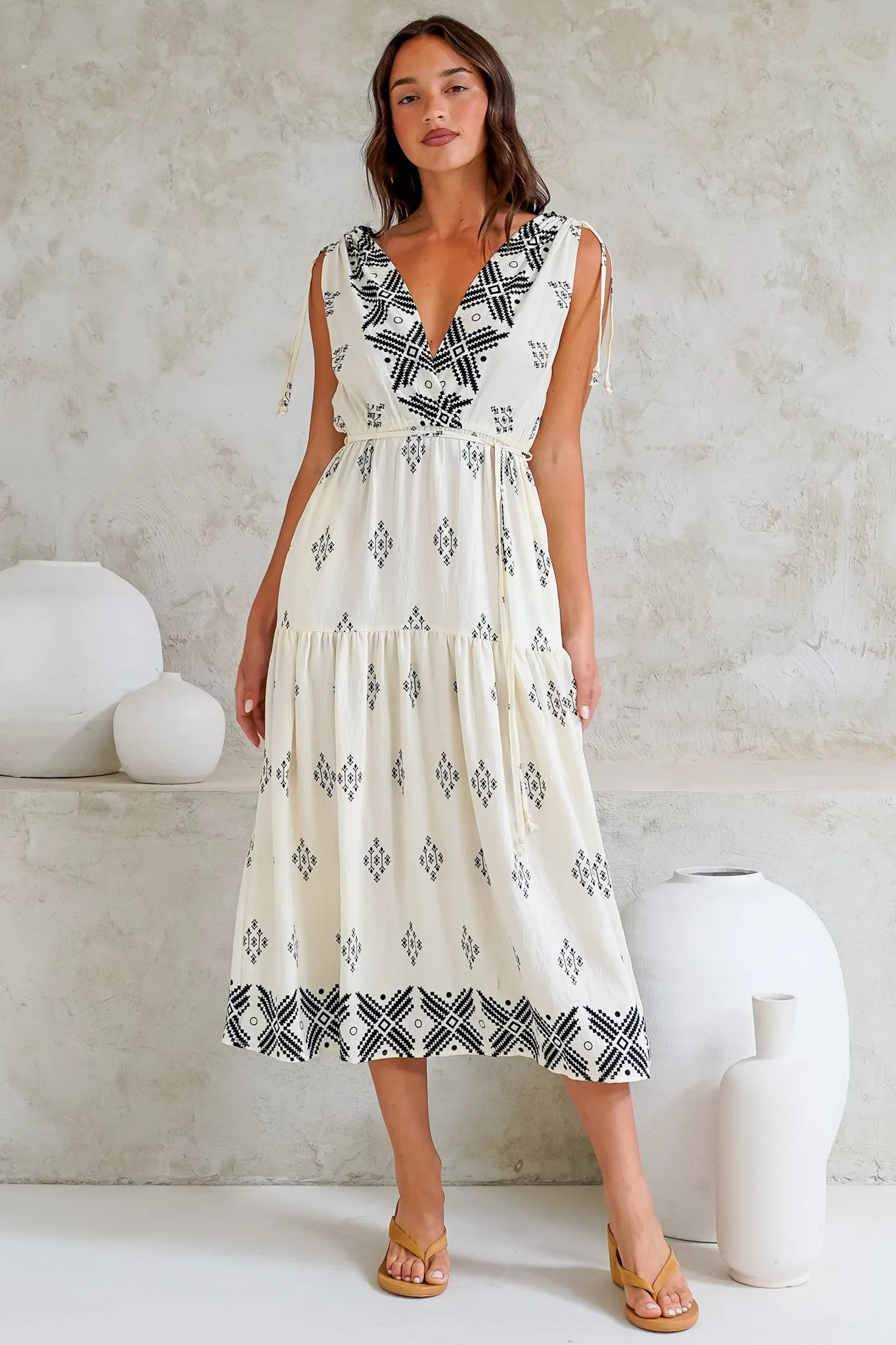 Laurina Midi Dress - Deep V-Neck A-Line Dress with Waist Tie in Fresca Print White sold by Salty Crush product image thumbnail 2