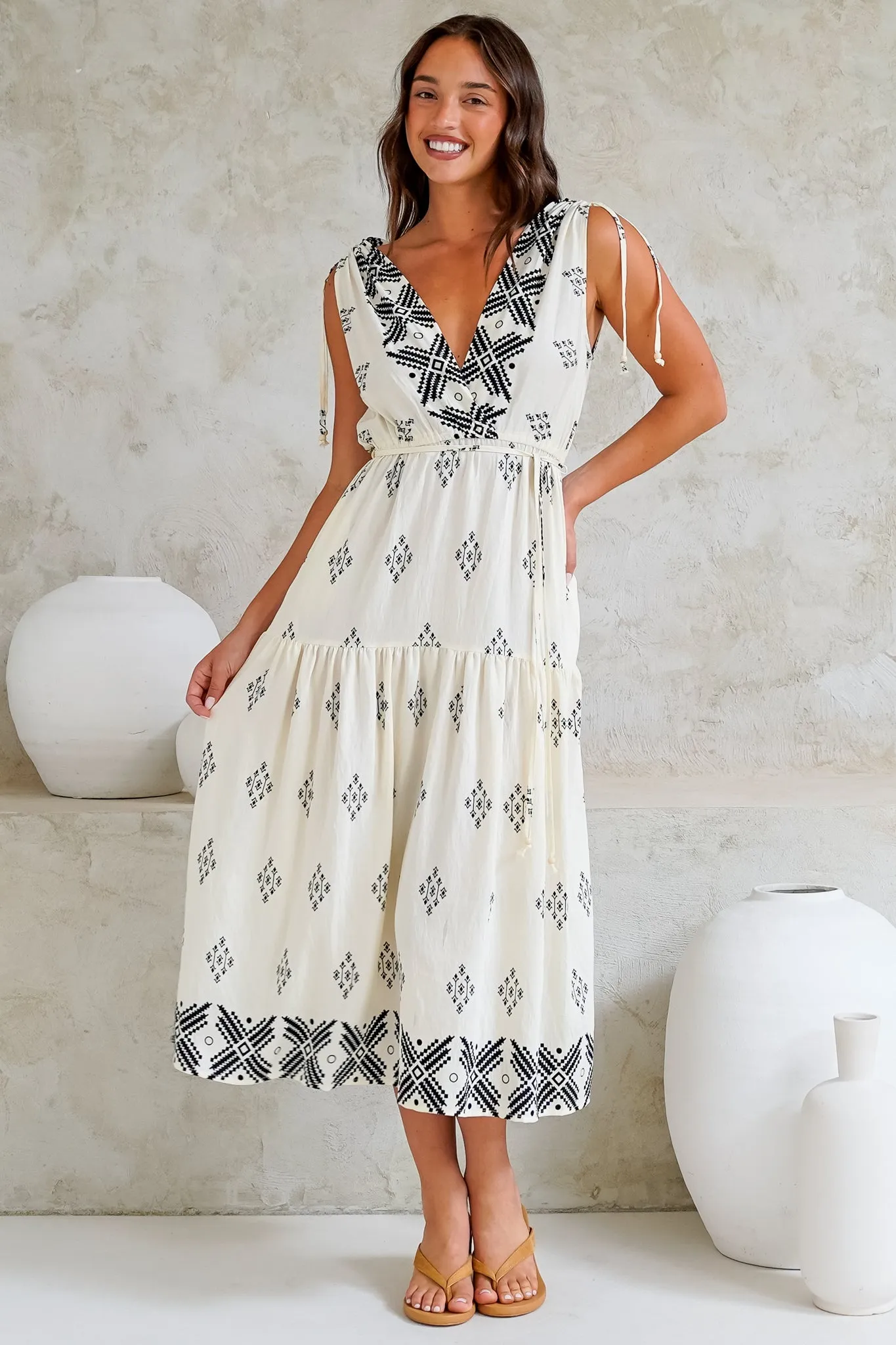 Laurina Midi Dress - Deep V-Neck A-Line Dress with Waist Tie in Fresca Print White sold by Salty Crush
