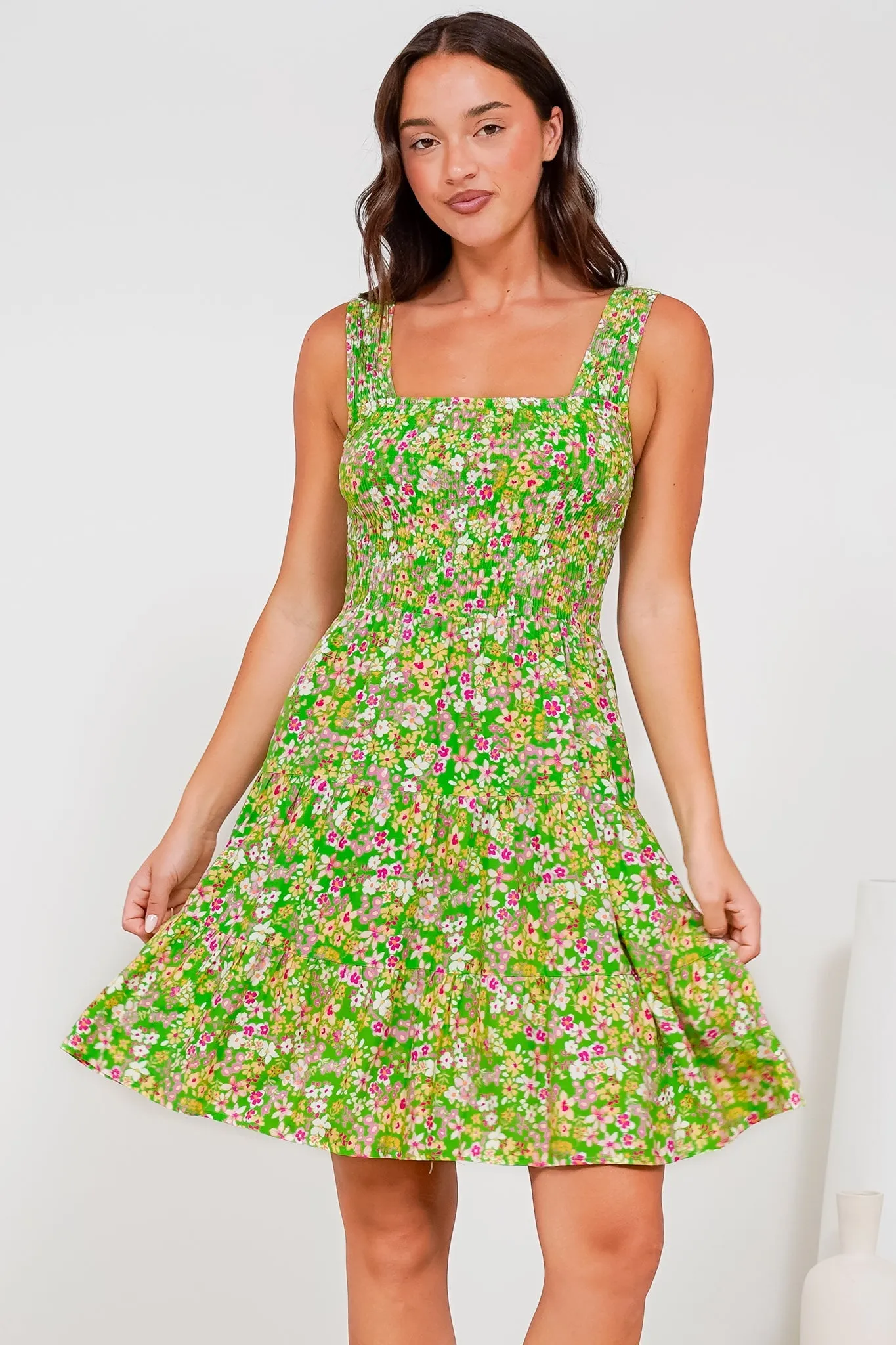 Rhiannon Mini Dress - Square Neckline Sun Dress with Shirred Bodice in Posie Print sold by Salty Crush product image thumbnail 4