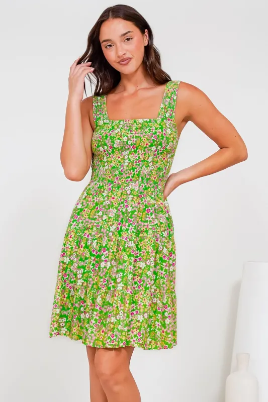 Rhiannon Mini Dress - Square Neckline Sun Dress with Shirred Bodice in Posie Print sold by Salty Crush