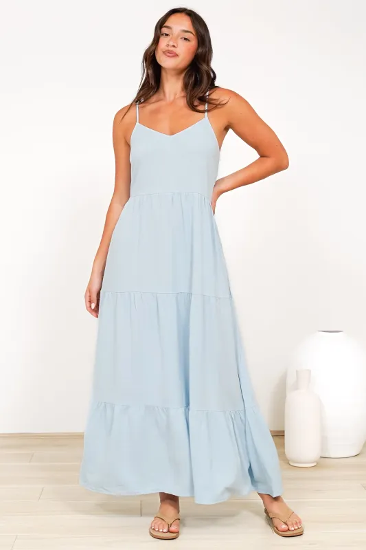 Bounty Maxi Dress - Soft V-Neckline Tiered Linen Dress in Light Blue sold by Salty Crush