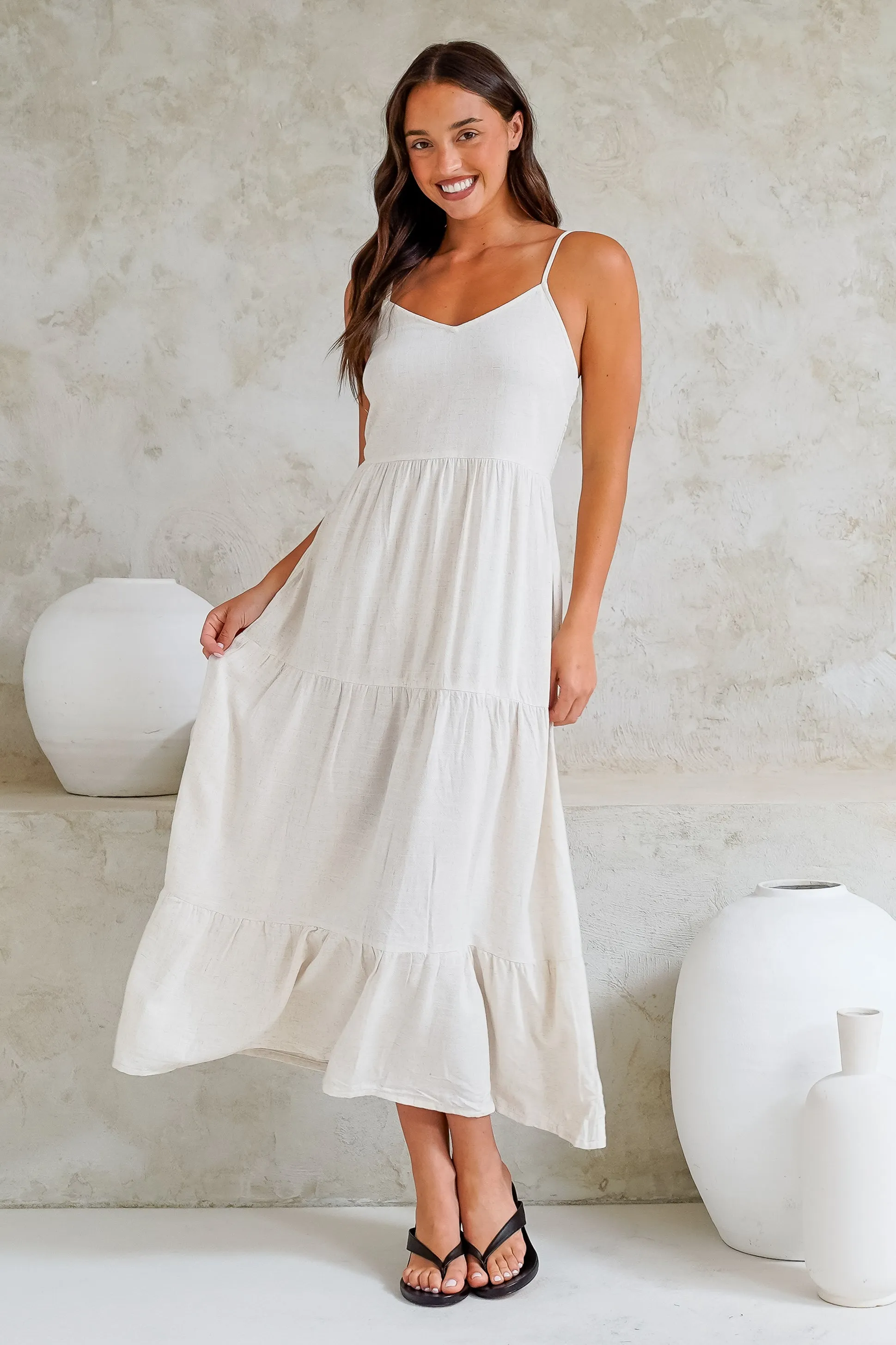Bounty Maxi Dress - Soft V-Neckline Tiered Linen Dress in Oatmeal sold by Salty Crush