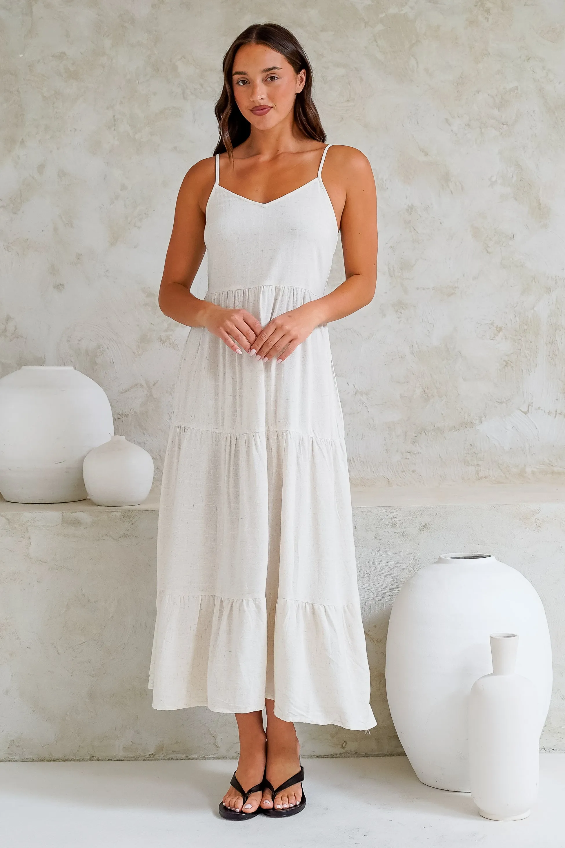 Bounty Maxi Dress - Soft V-Neckline Tiered Linen Dress in Oatmeal sold by Salty Crush product image thumbnail 4