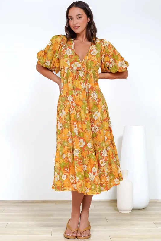 Gloria Maxi Dress - Tiered Smock Dress in Camira Print sold by Salty Crush