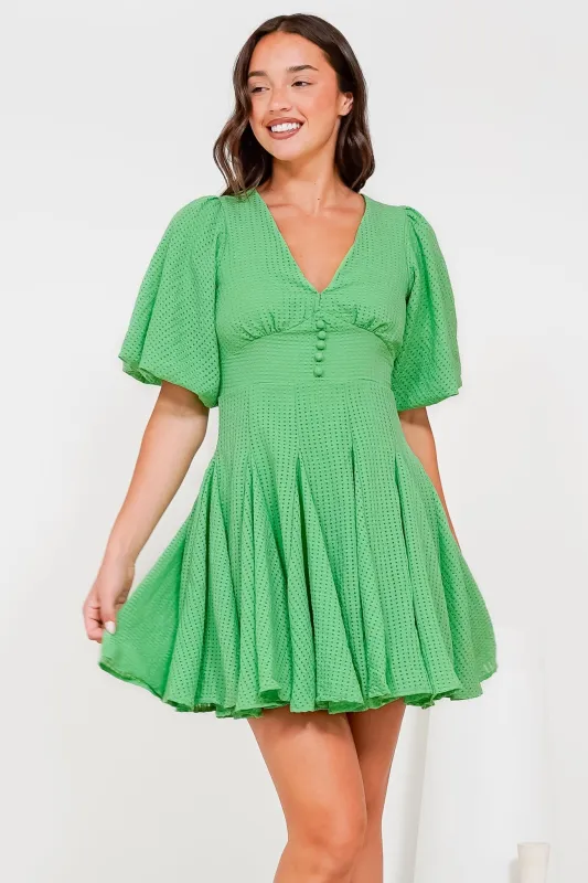 Marsala Mini Dress - V-Neck Puff Sleeve Skater Skirt Dress in Green sold by Salty Crush