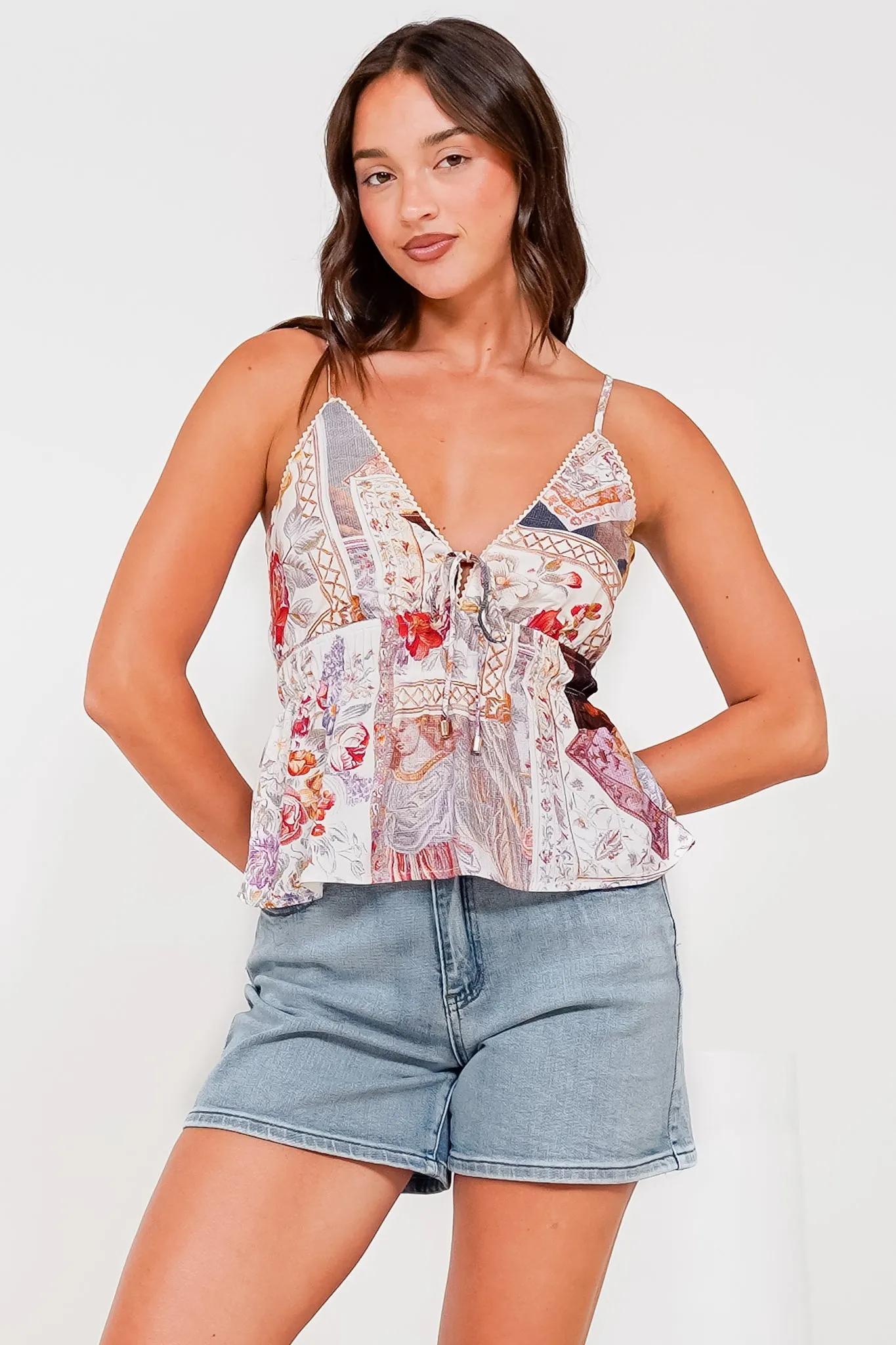 Selita Cami - Adjustable Strap Low V Neckline Cami with Tie at Bust in Elaine Print White sold by Salty Crush product image thumbnail 3