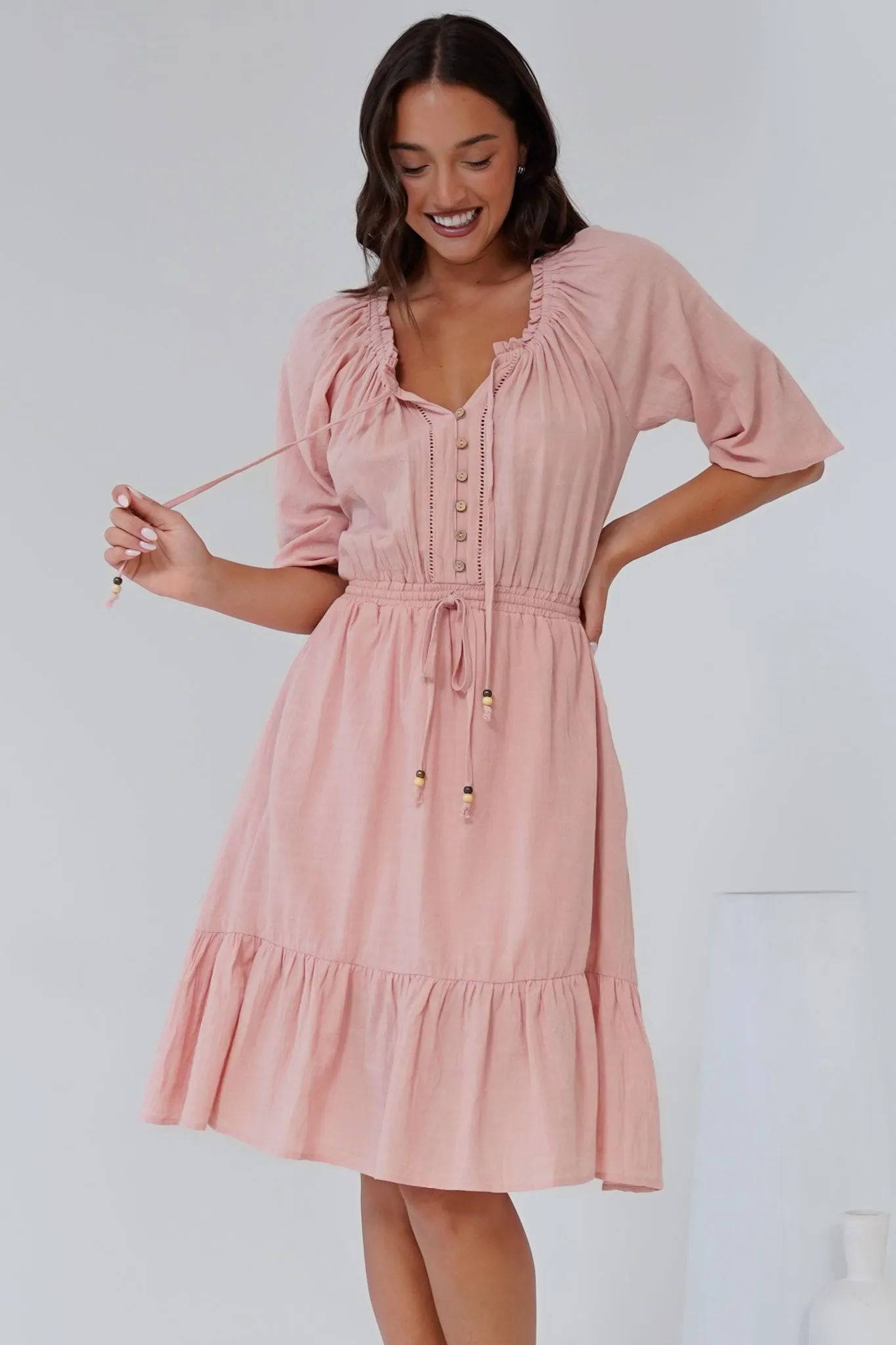 Lyndall Mini Dress - On or Off Shoulder A-Line Dress with Buttoned Bodice in Rose sold by Salty Crush product image thumbnail 5