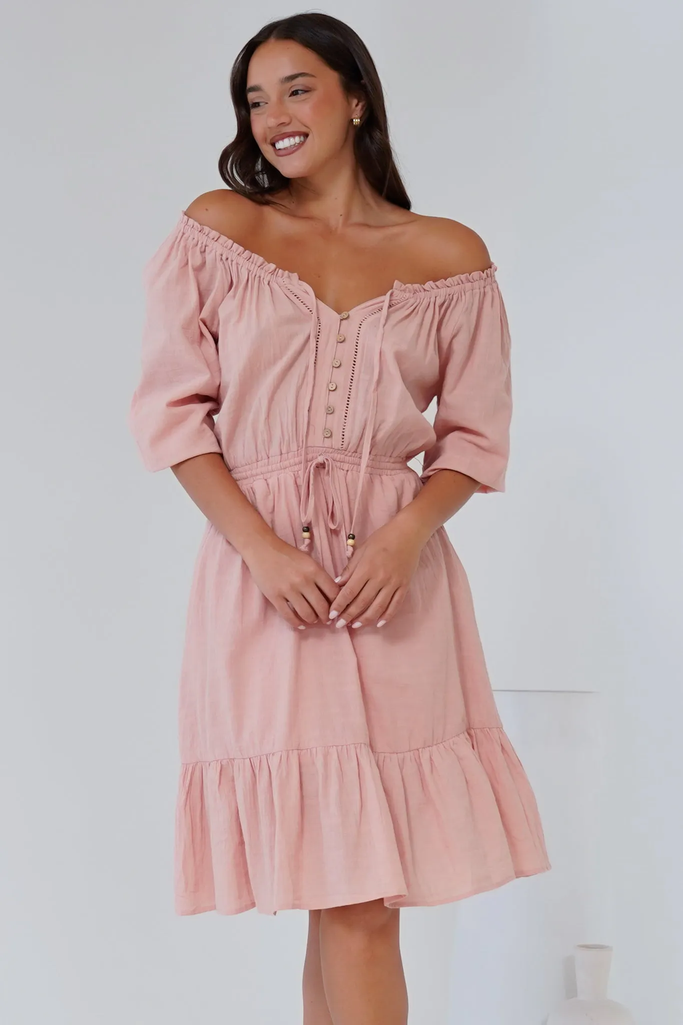 Lyndall Mini Dress - On or Off Shoulder A-Line Dress with Buttoned Bodice in Rose sold by Salty Crush product image thumbnail 4