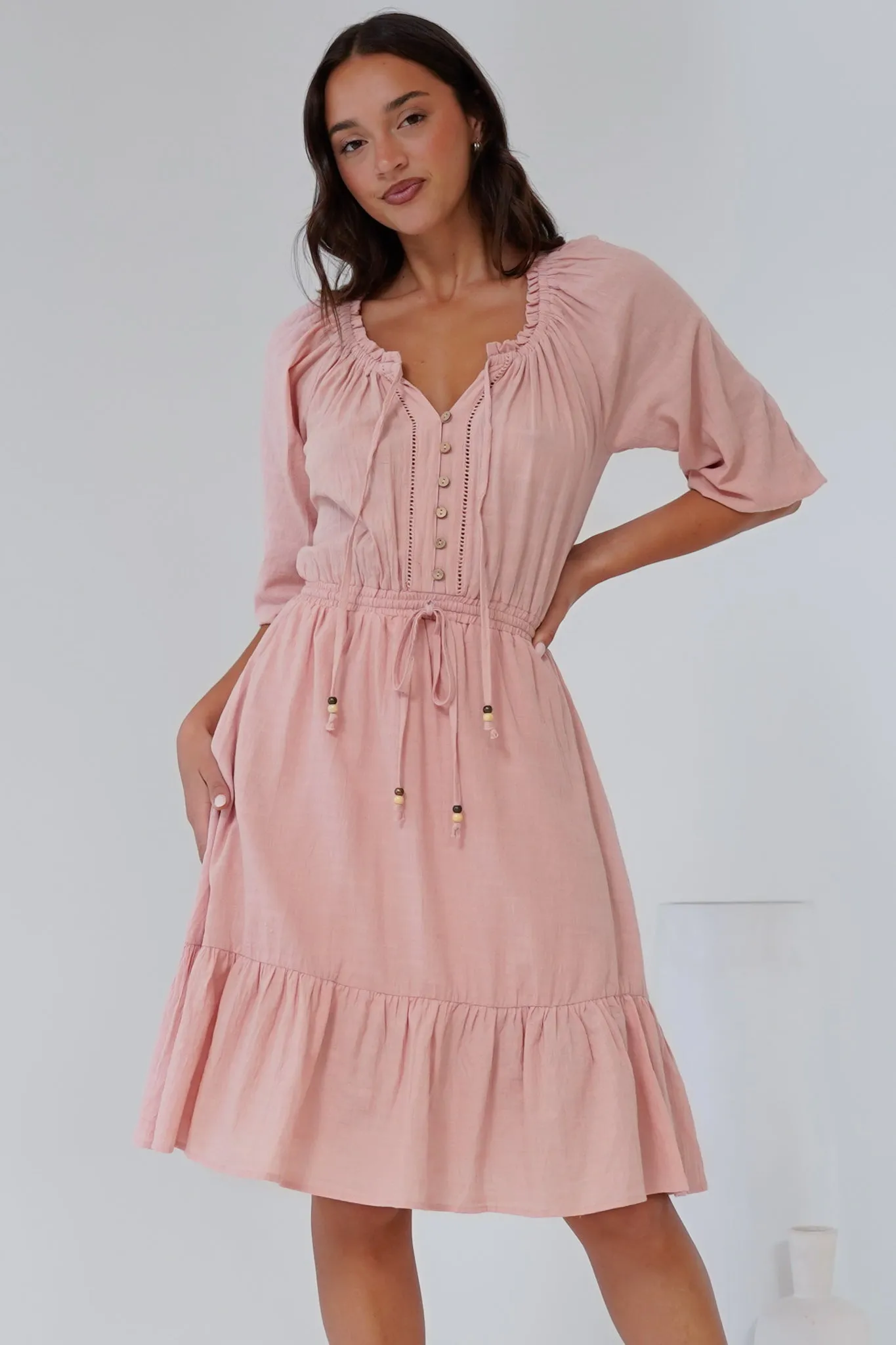 Lyndall Mini Dress - On or Off Shoulder A-Line Dress with Buttoned Bodice in Rose sold by Salty Crush