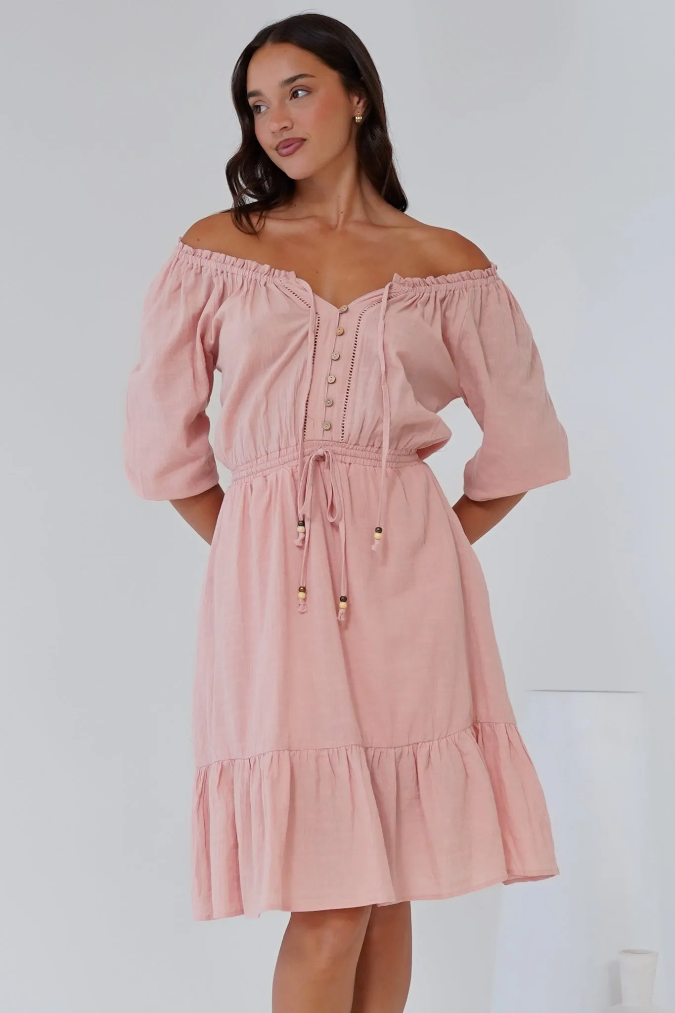 Lyndall Mini Dress - On or Off Shoulder A-Line Dress with Buttoned Bodice in Rose sold by Salty Crush product image thumbnail 2