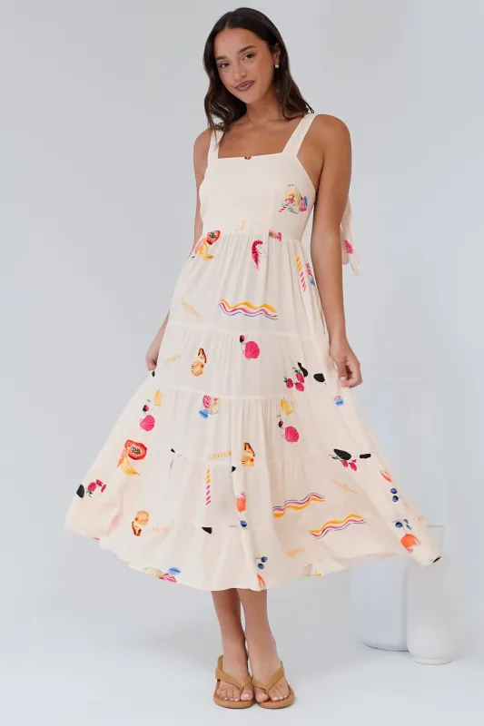 Luna Midi Dress - Tie Up Strap Tiered Sun Dress in Seasons Print sold by Salty Crush