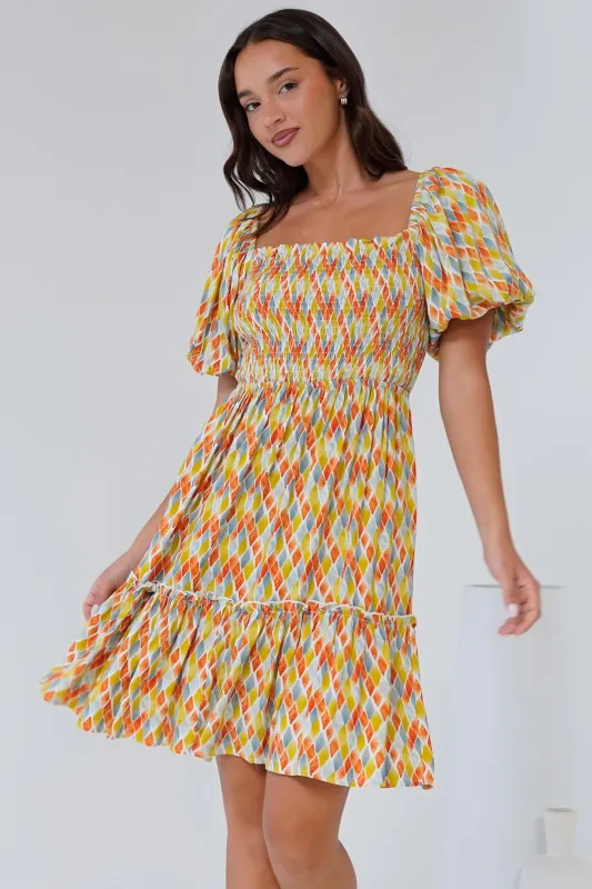 Lyn Mini Dress - On or Off Shoulder Shirred Bodice Mini Dress in Harlequin Print sold by Salty Crush