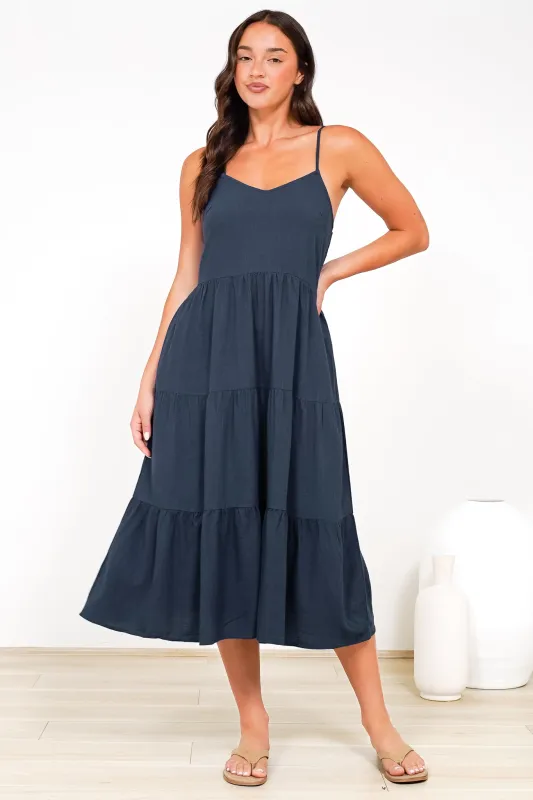 Arlowe Midi Dress - Soft V Neckline Tiered Linen Sun Dress in Navy sold by Salty Crush