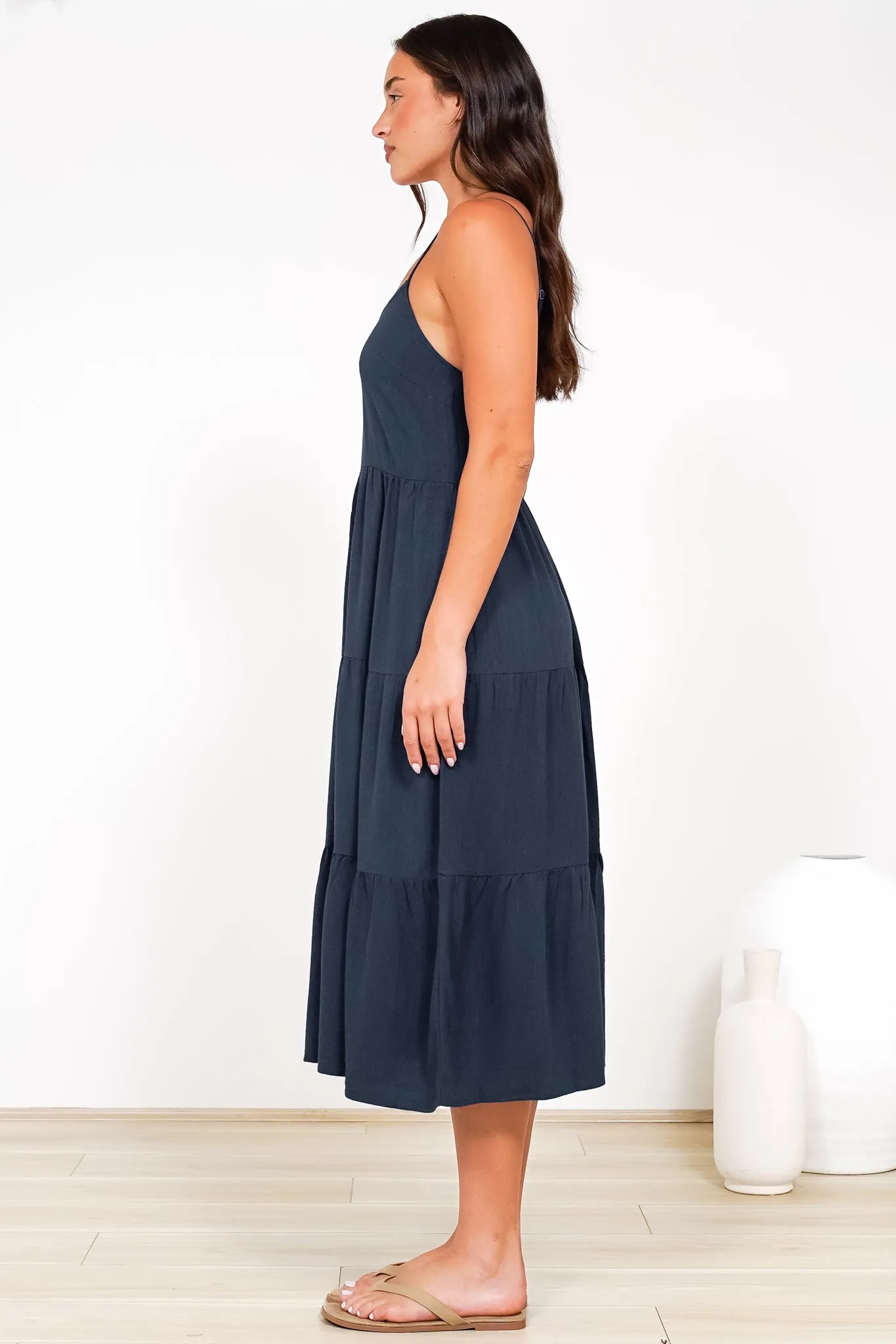 Arlowe Midi Dress - Soft V Neckline Tiered Linen Sun Dress in Navy sold by Salty Crush product image thumbnail 5