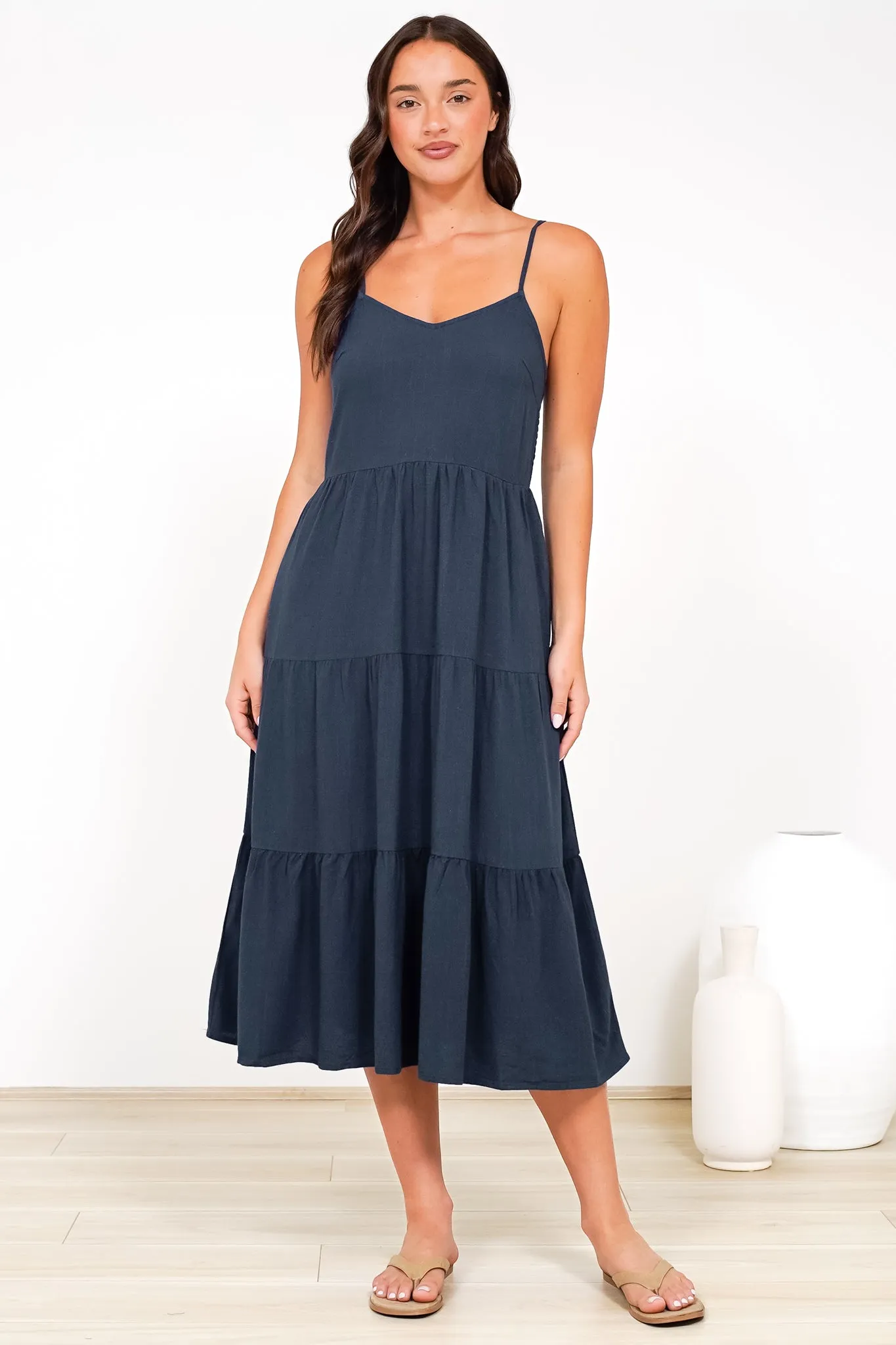 Arlowe Midi Dress - Soft V Neckline Tiered Linen Sun Dress in Navy sold by Salty Crush product image thumbnail 3
