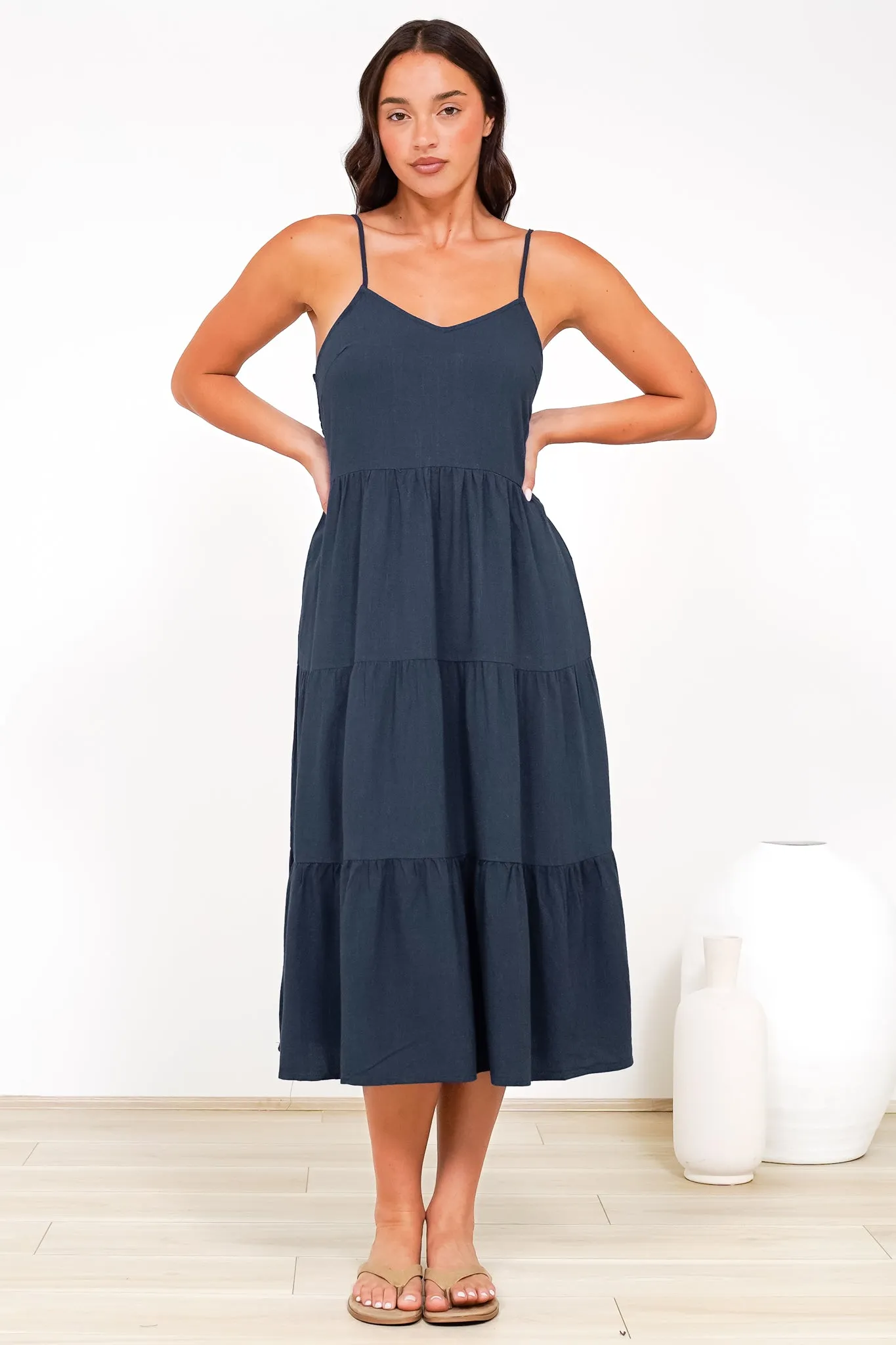Arlowe Midi Dress - Soft V Neckline Tiered Linen Sun Dress in Navy sold by Salty Crush product image thumbnail 4