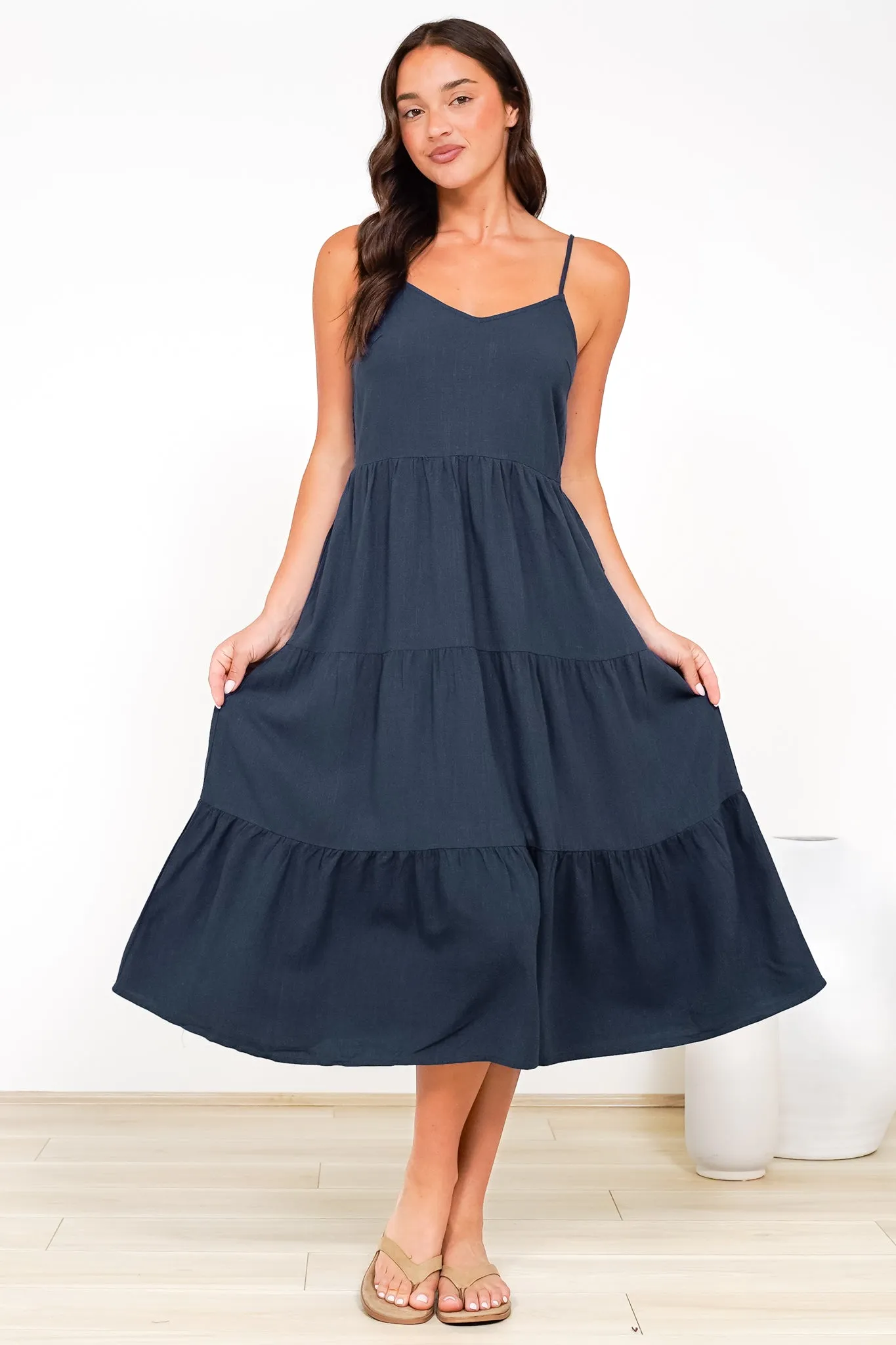 Arlowe Midi Dress - Soft V Neckline Tiered Linen Sun Dress in Navy sold by Salty Crush product image thumbnail 2
