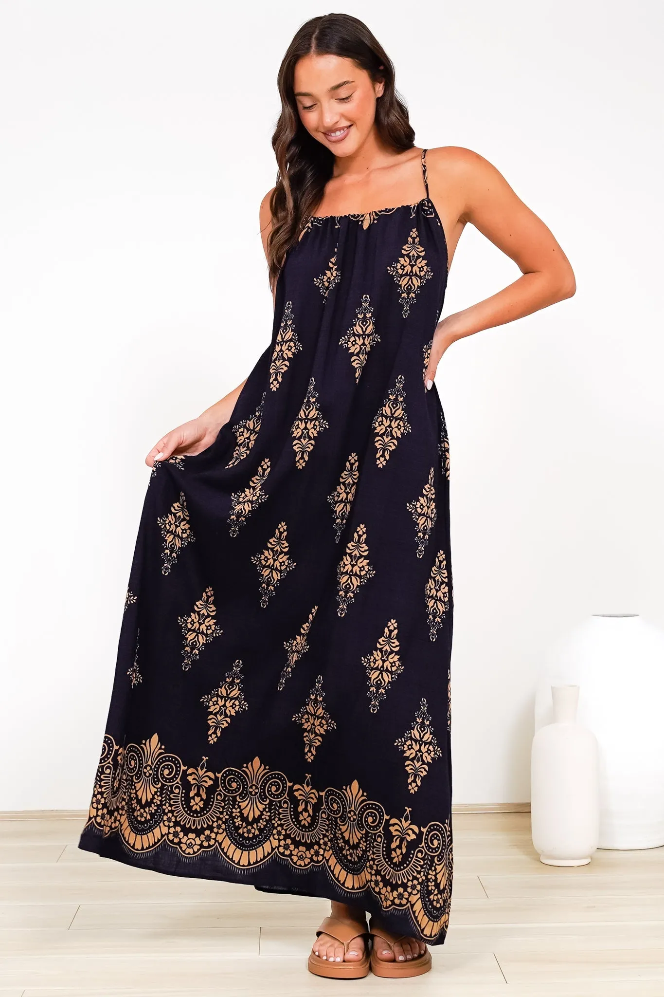 Milani Maxi Dress - Adjustable Halter Neck Sun Dress in Lannie Print Navy sold by Salty Crush product image thumbnail 2