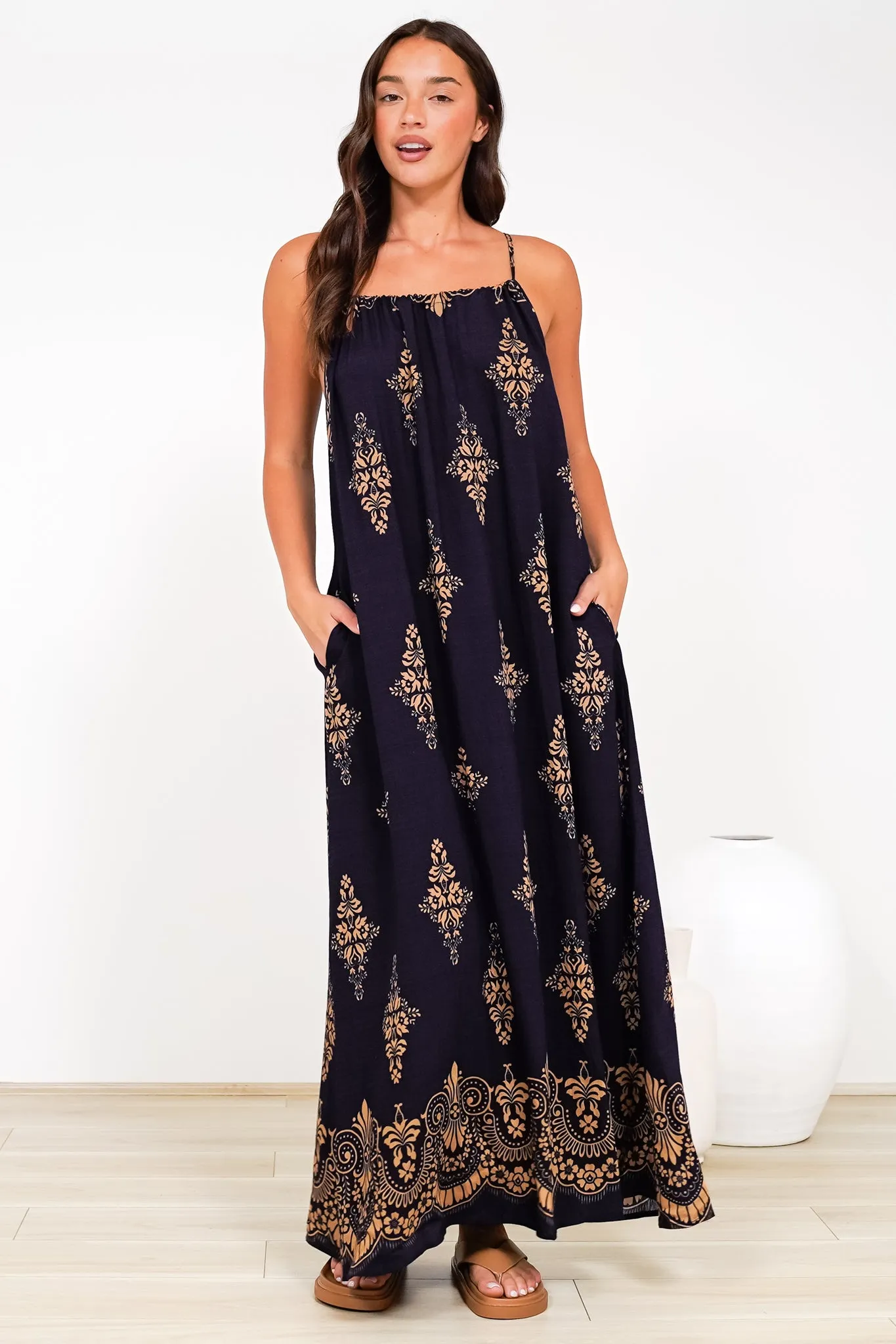 Milani Maxi Dress - Adjustable Halter Neck Sun Dress in Lannie Print Navy sold by Salty Crush product image thumbnail 5