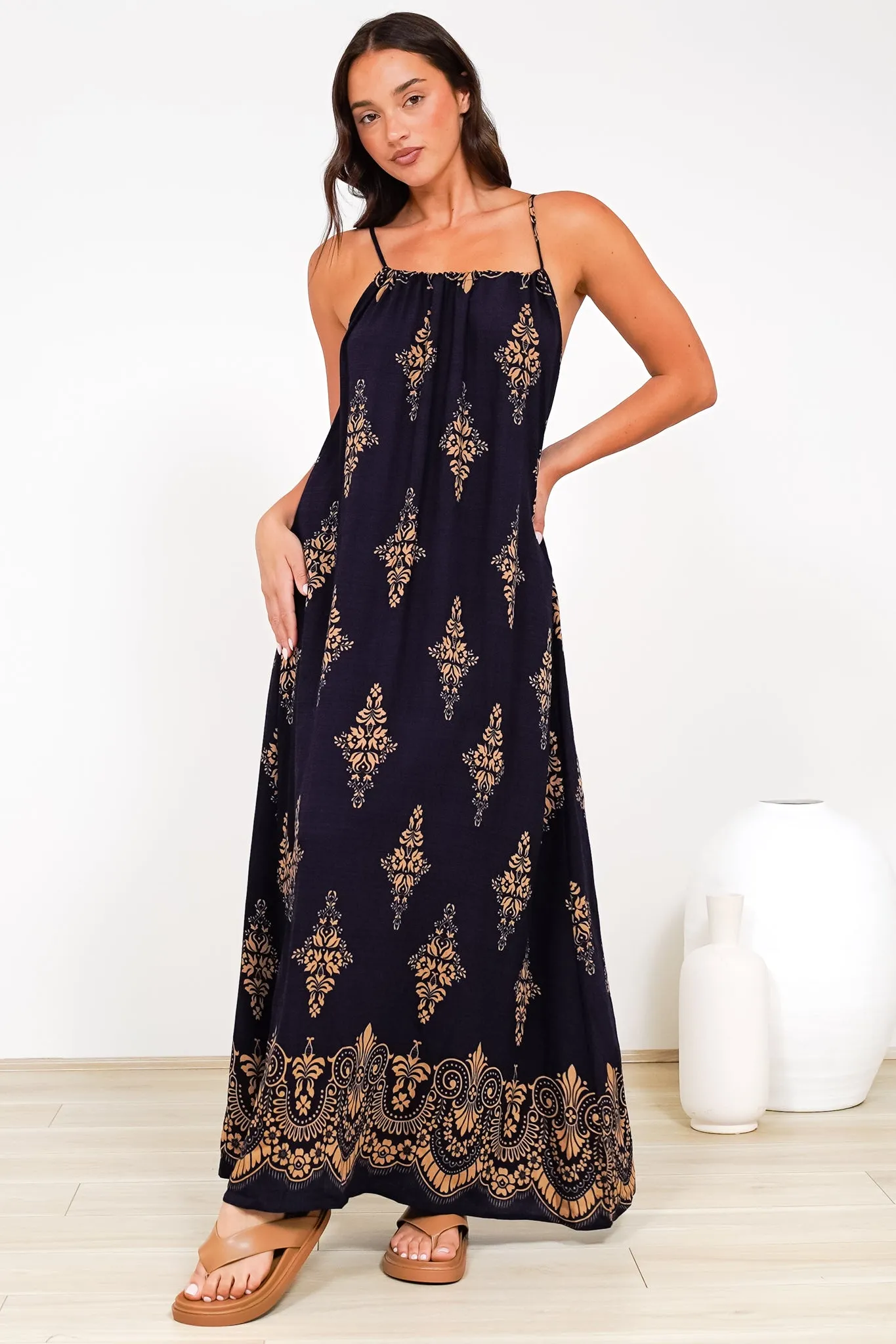 Milani Maxi Dress - Adjustable Halter Neck Sun Dress in Lannie Print Navy sold by Salty Crush