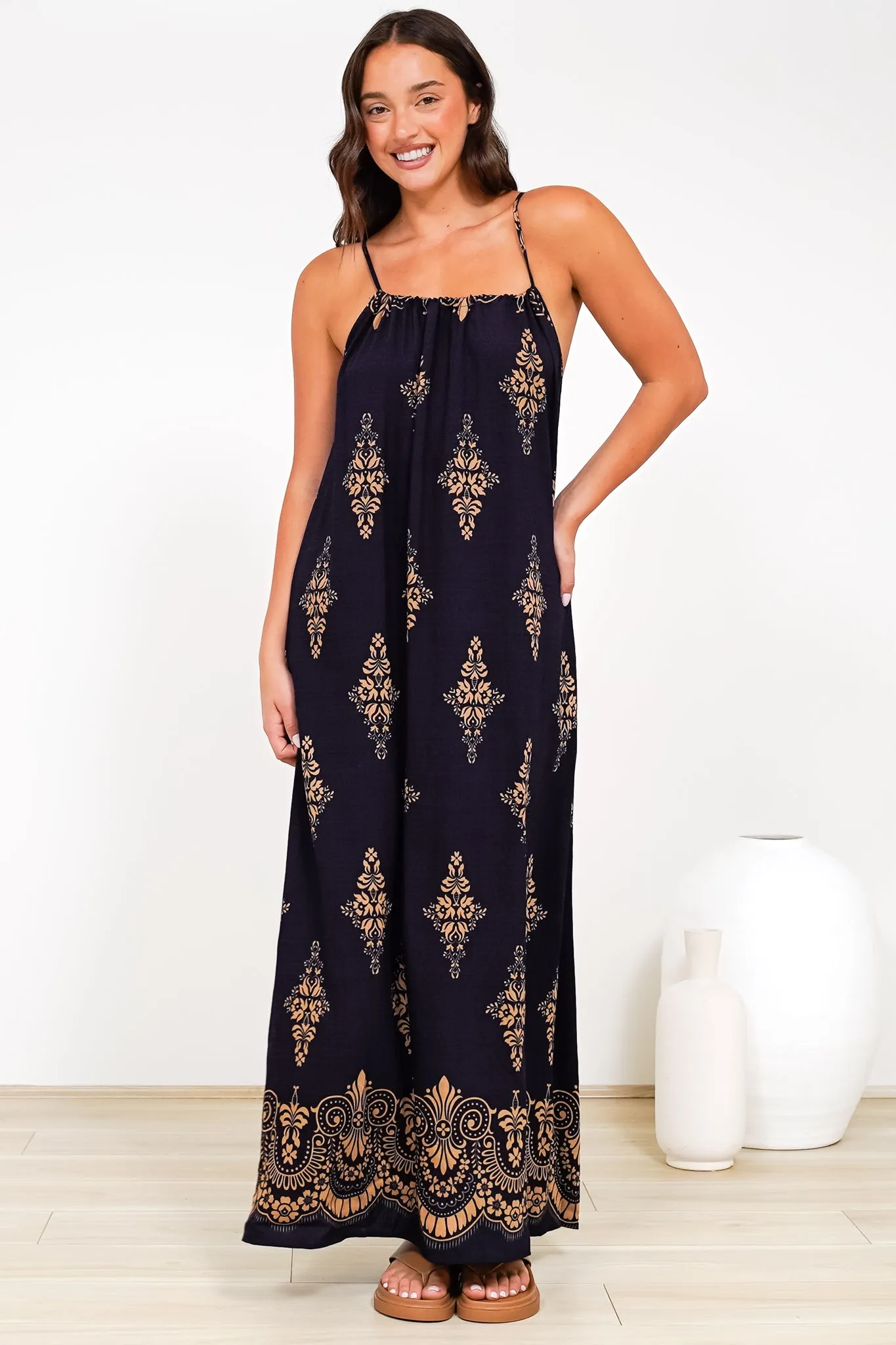 Milani Maxi Dress - Adjustable Halter Neck Sun Dress in Lannie Print Navy sold by Salty Crush product image thumbnail 4