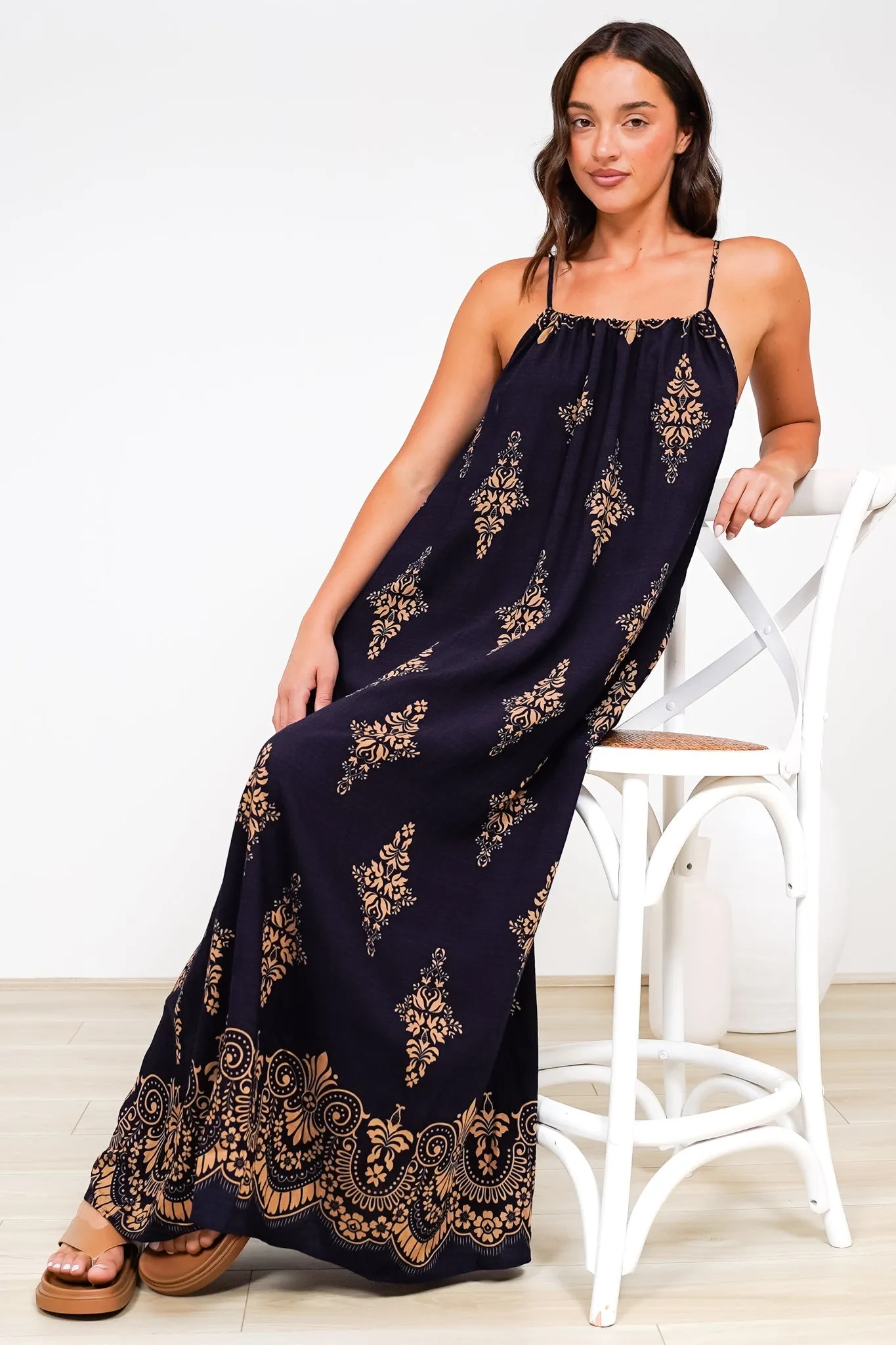 Milani Maxi Dress - Adjustable Halter Neck Sun Dress in Lannie Print Navy sold by Salty Crush product image thumbnail 3