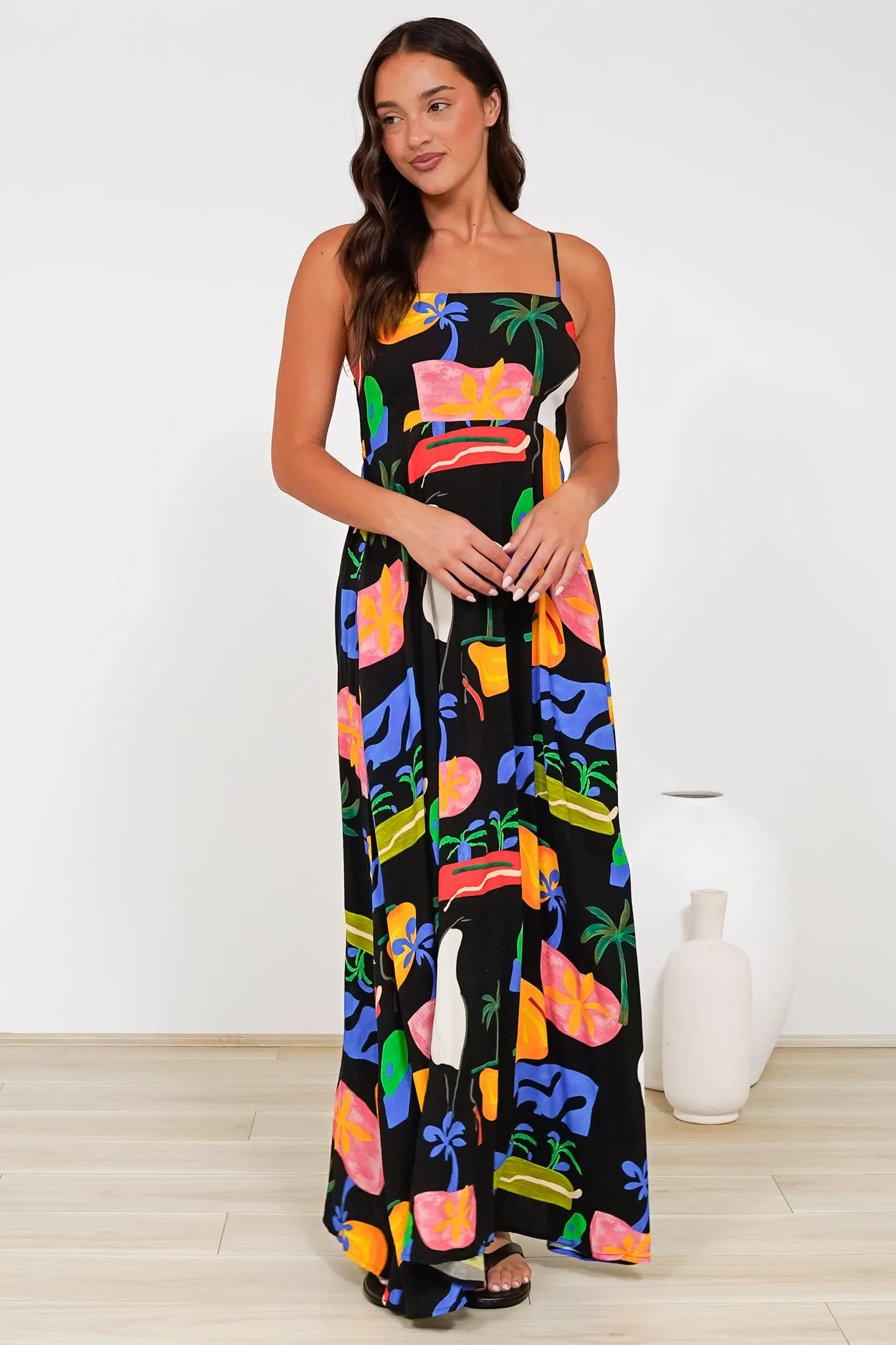 Radley Maxi Dress - Empire Line Sun Dress with Adjustable Straps in Cruise Print Black sold by Salty Crush product image thumbnail 3