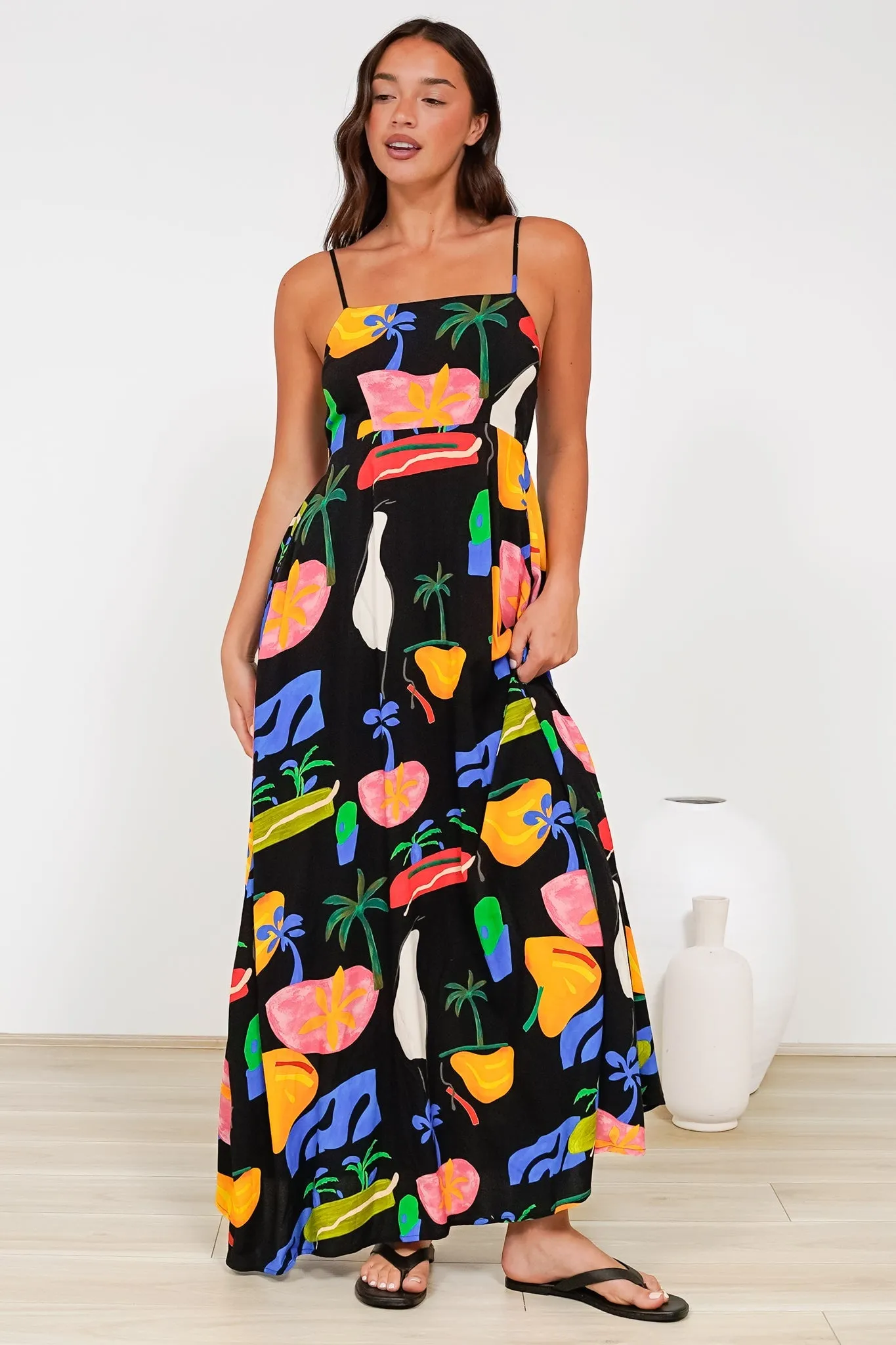 Radley Maxi Dress - Empire Line Sun Dress with Adjustable Straps in Cruise Print Black sold by Salty Crush product image thumbnail 4
