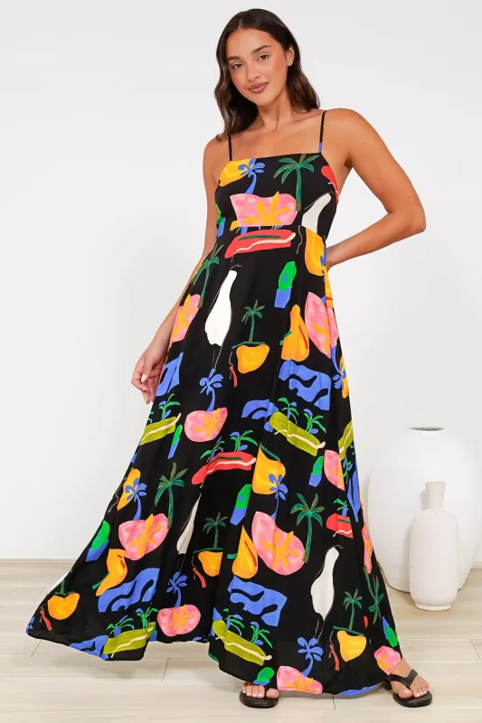 Radley Maxi Dress - Empire Line Sun Dress with Adjustable Straps in Cruise Print Black sold by Salty Crush