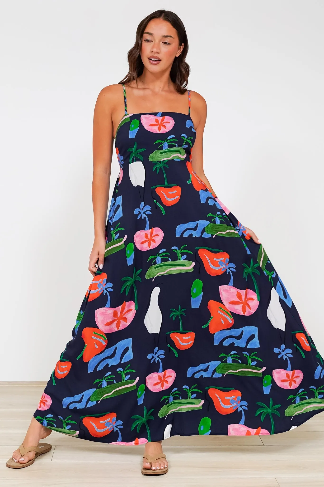 Radley Maxi Dress - Empire Line Sun Dress with Adjustable Straps in Cruise Print Navy sold by Salty Crush product image thumbnail 2